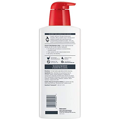 Close-up of Eucerin Daily Hydration Lotion dispensing from a pump bottle.