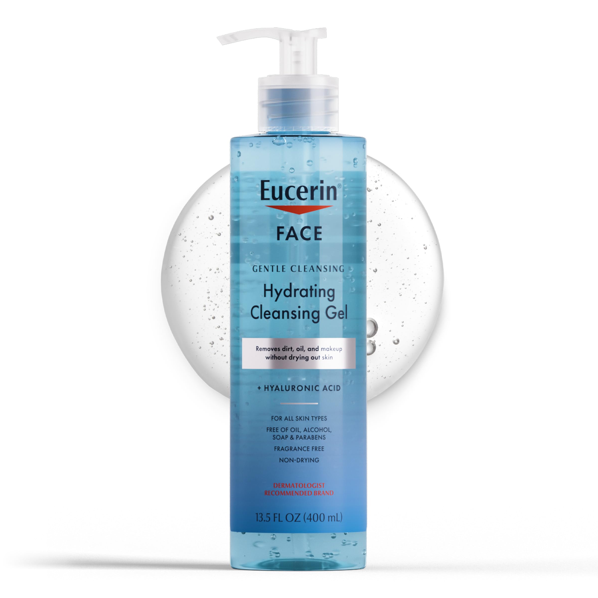 Eucerin gel limpiador facial suave en botella para uso diario.