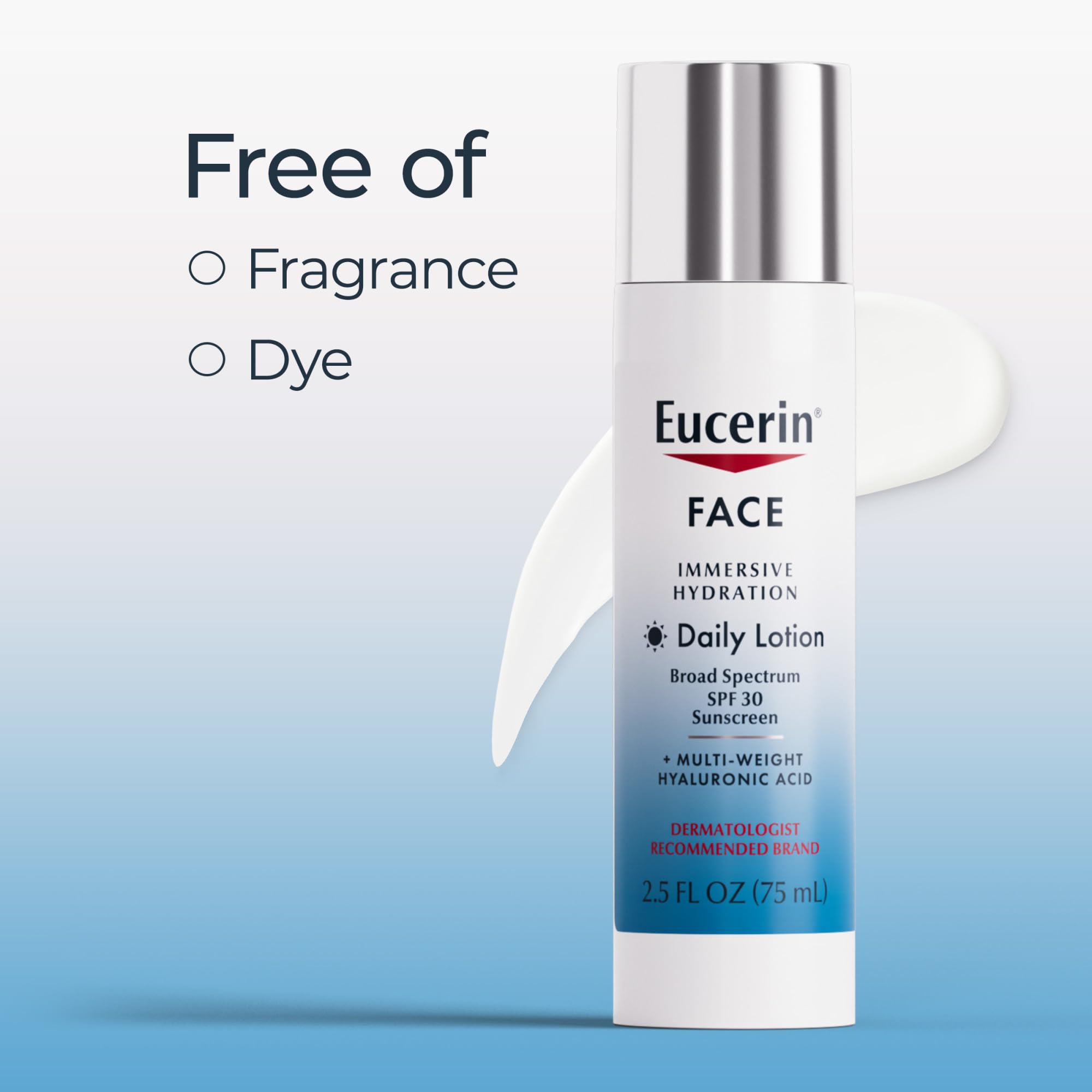 Eucerin fragrance-free indicator highlights sensitive-skin-friendly formula.