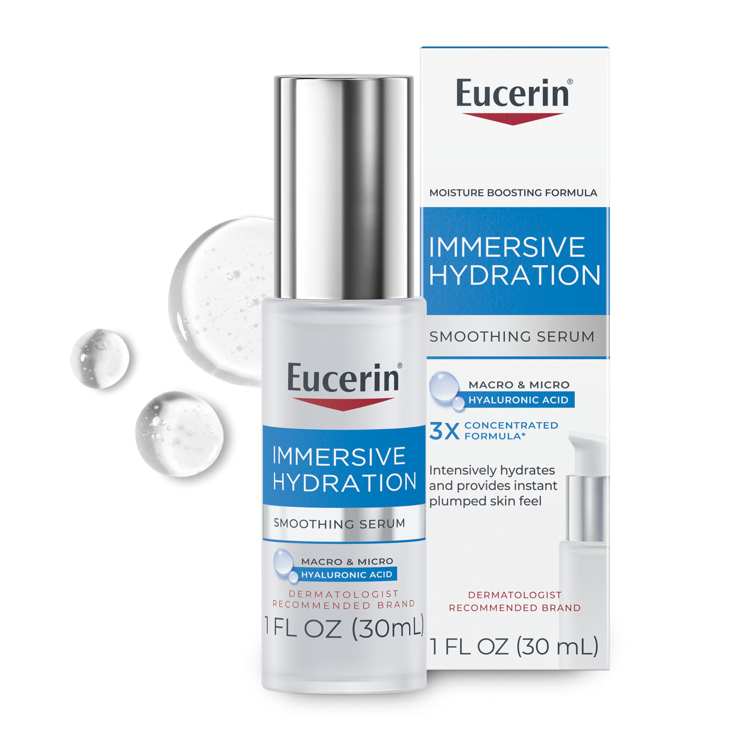 Eucerin Immersive Hydration Serum bottle closeup highlighting the hydrating formula
