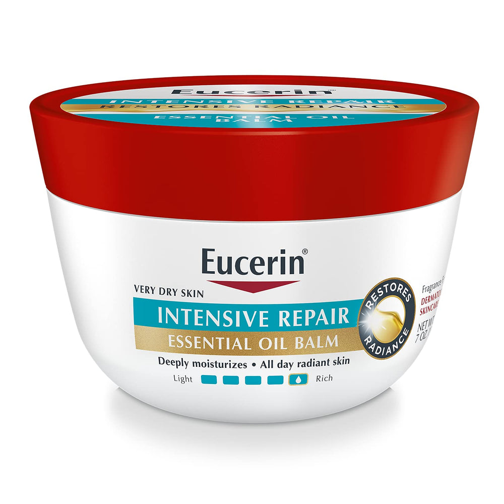 Eucerin Intensive Repair Essential Oil Balm jar provides deep hydration for very dry skin.
