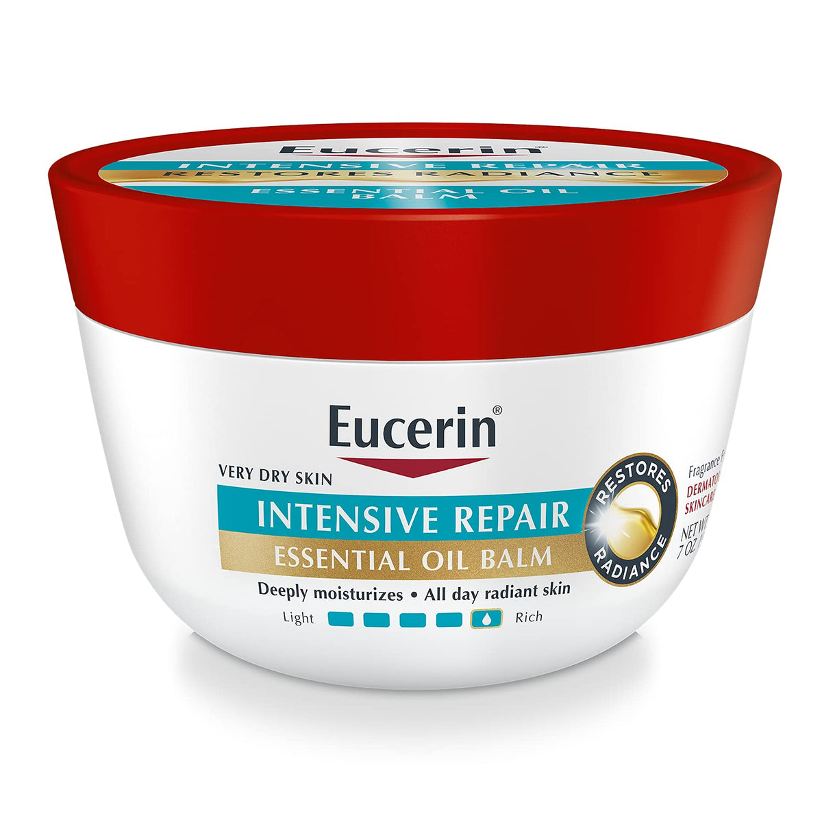 Eucerin Intensive Repair Essential Oil Balm jar provides deep hydration for very dry skin.