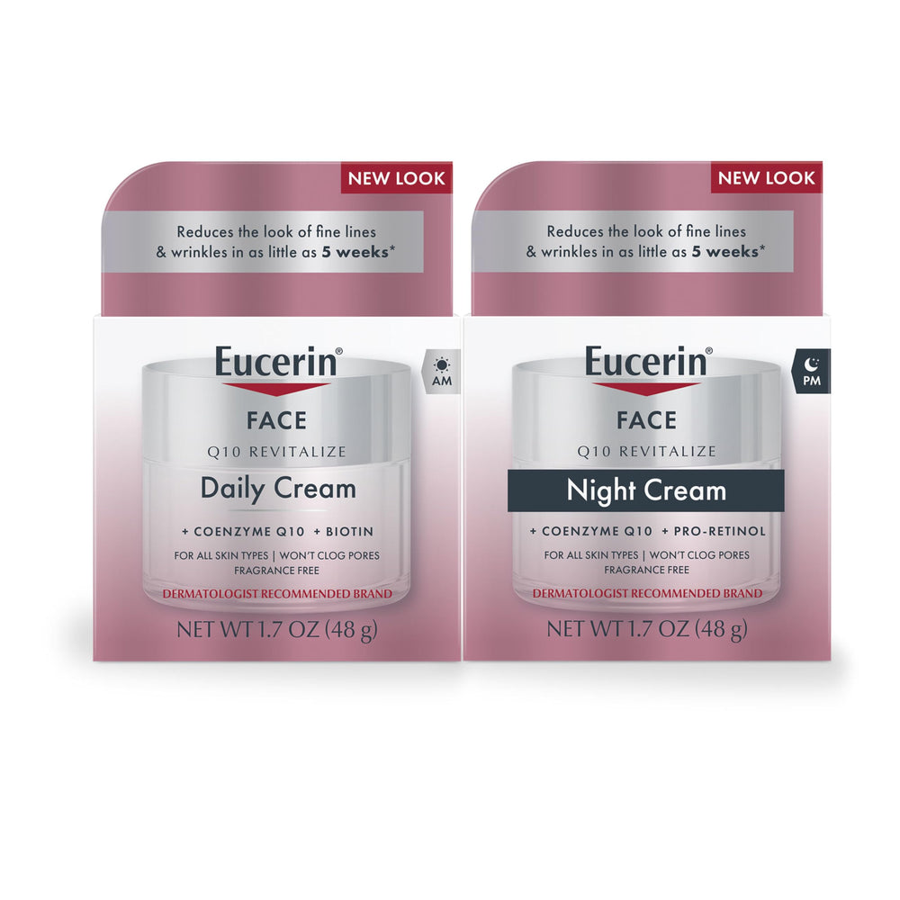 Eucerin Q10 Day Cream jar with anti-wrinkle formula for daily use.