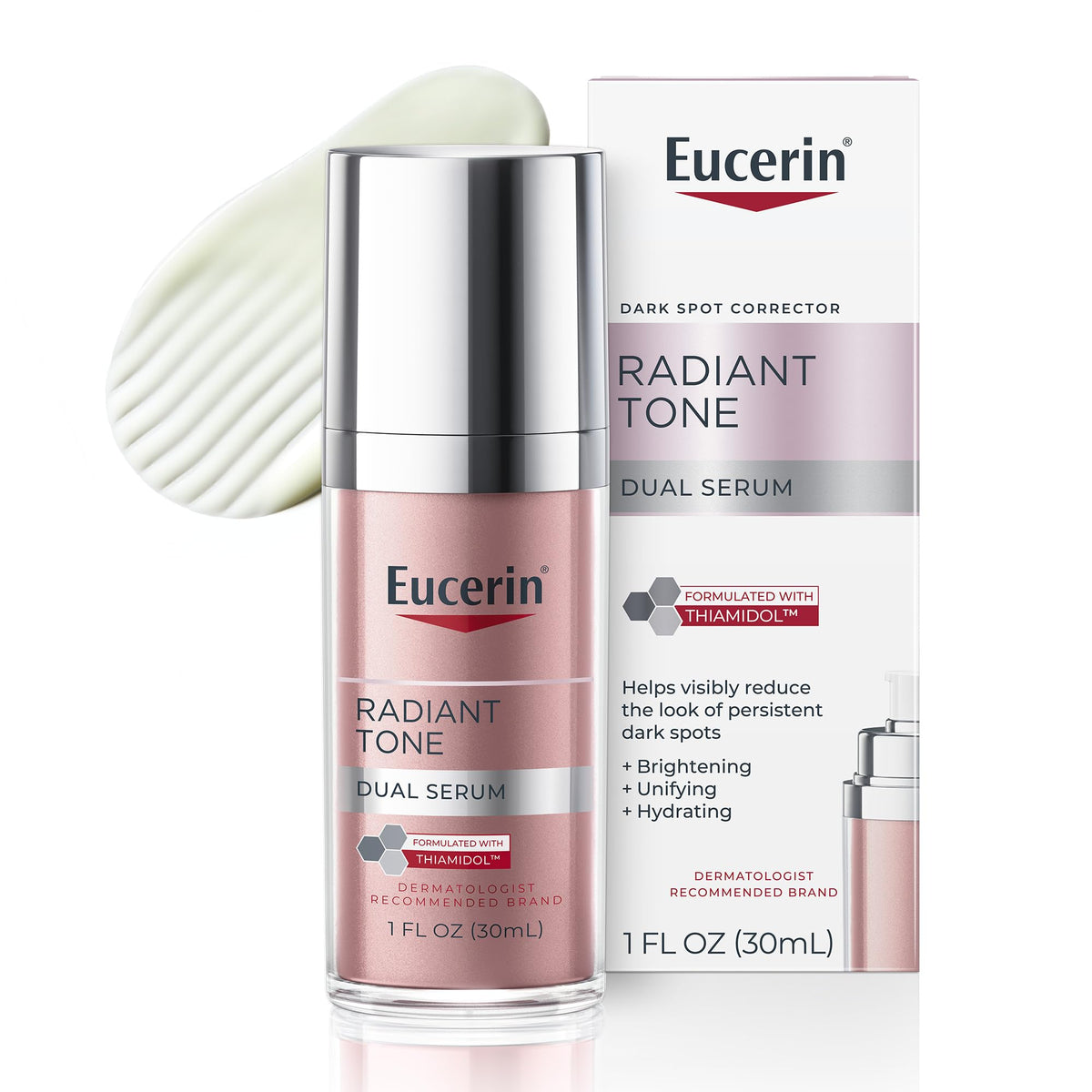 Eucerin Radiant Tone Dual Serum bottle promotes even skin tone and radiance