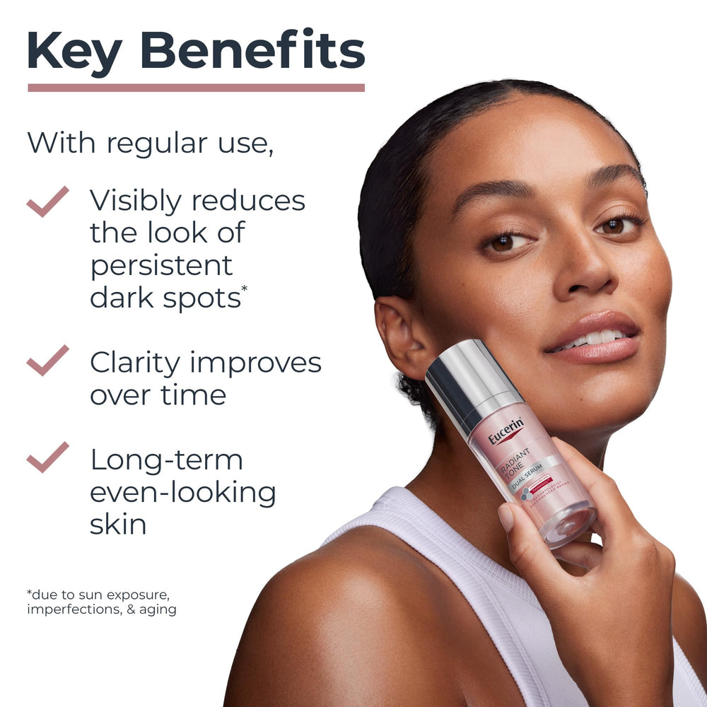 Eucerin Radiant Tone Dual Serum dropper close-up demonstrates Thiamidol protection against dark spots