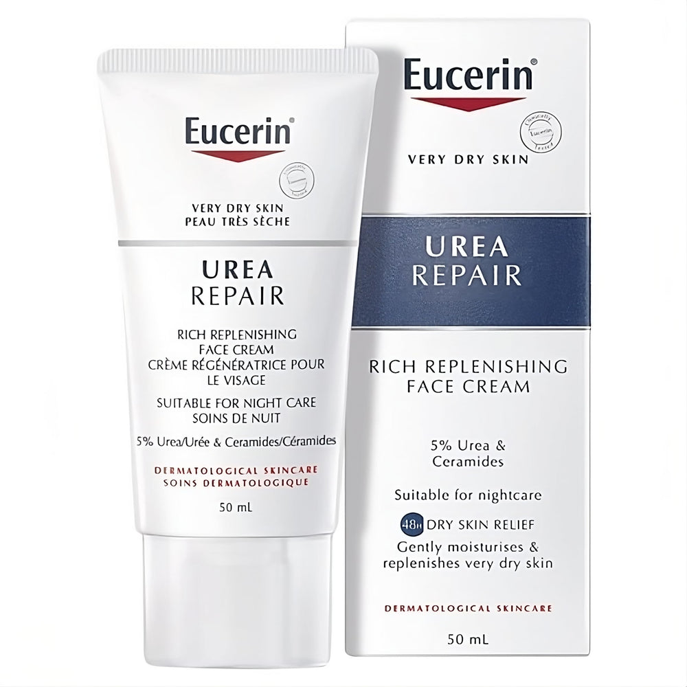 Eucerin Replenishing Face Cream 50ml bottle delivers quick hydration for dry skin.