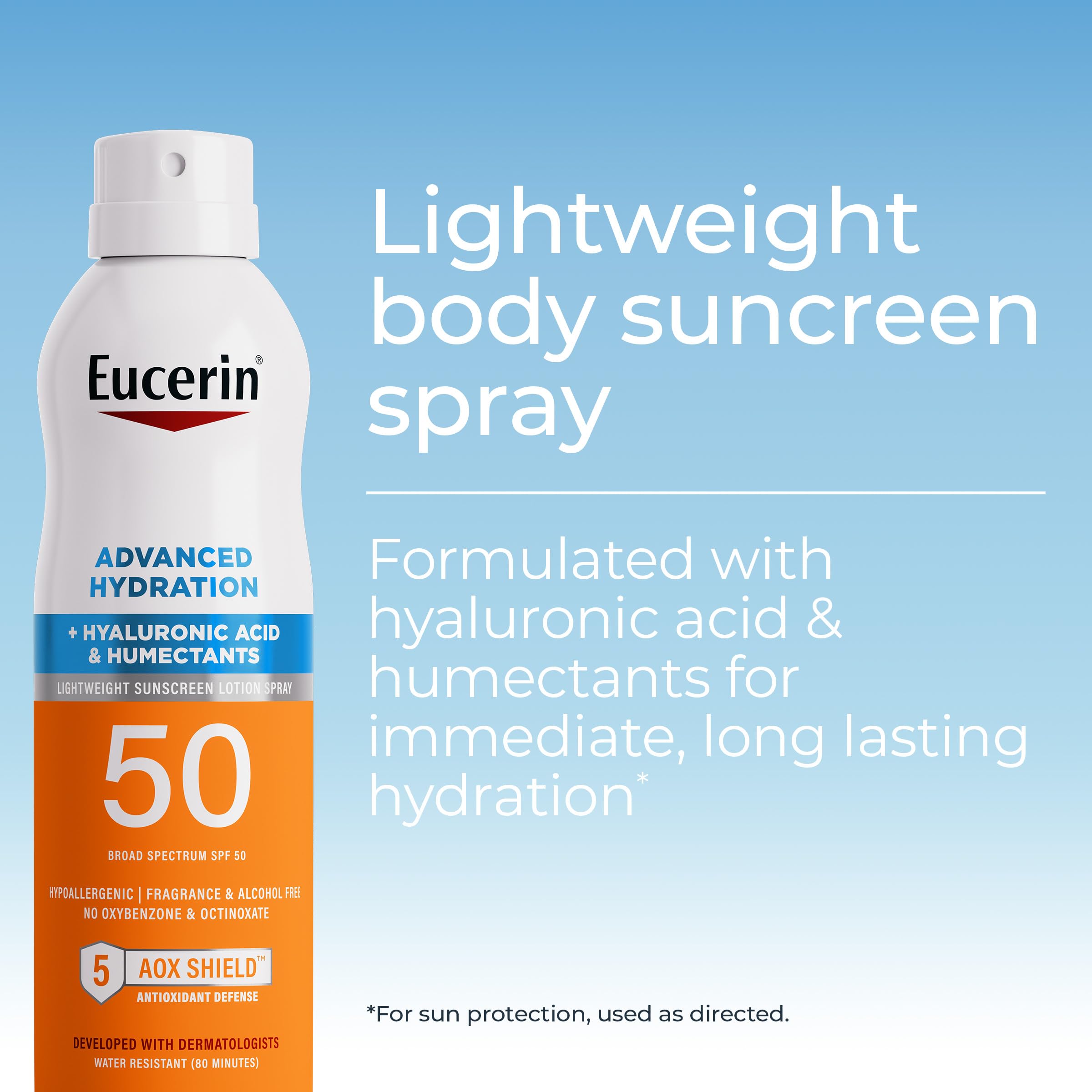 Eucerin SPF50 spray aplicado con suavidad, acabado seco y translúcido.