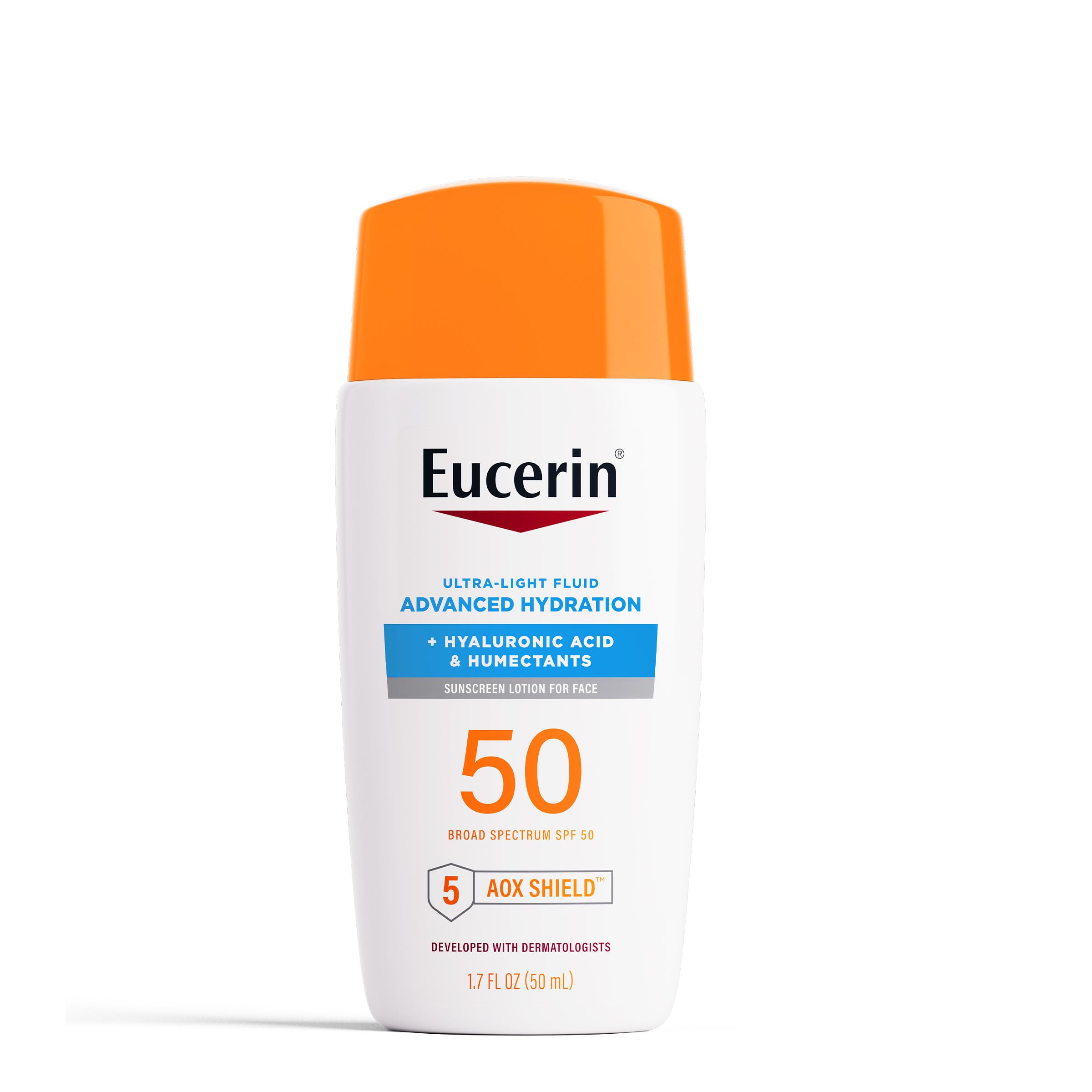 Eucerin Sun Advanced Hydration SPF 50 bottle closeup showing lightweight formula