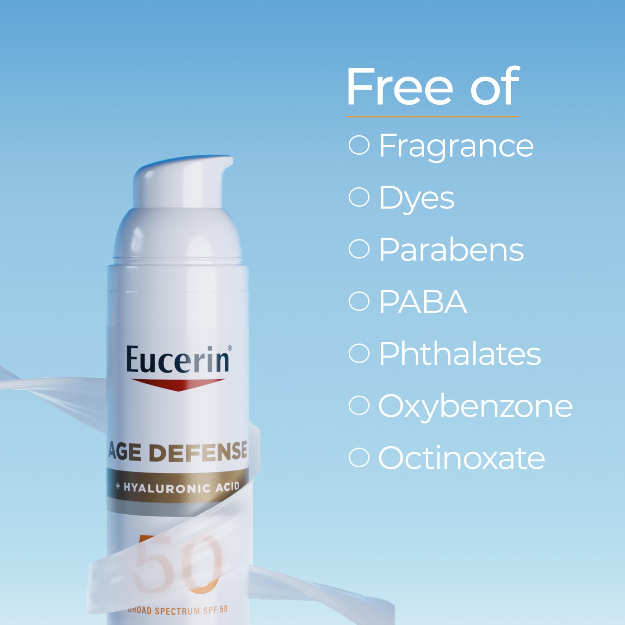 Ácido hialurónico en Eucerin Sun Age Defense SPF 50 para hidratación suave.