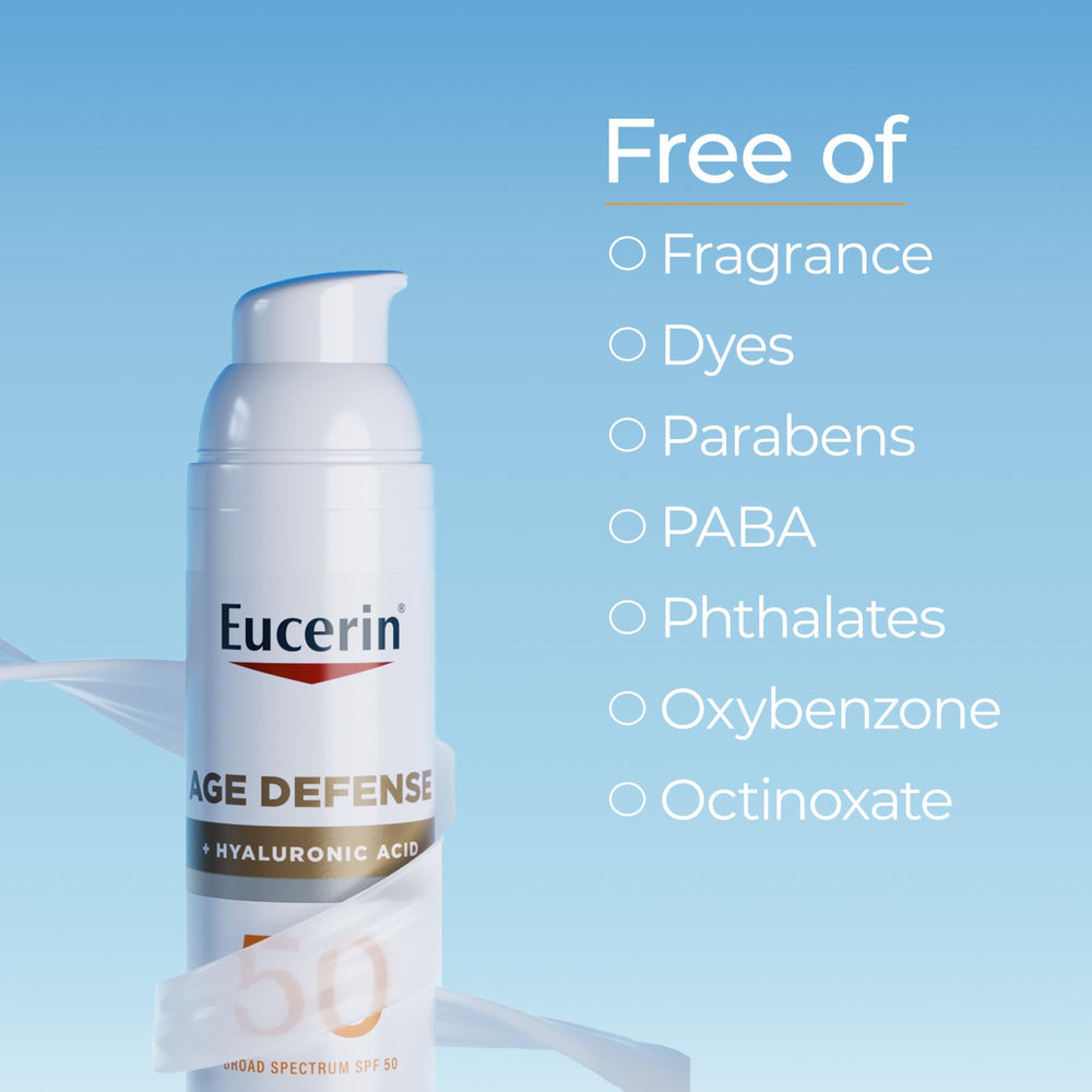 Ácido hialurónico en Eucerin Sun Age Defense SPF 50 para hidratación suave.