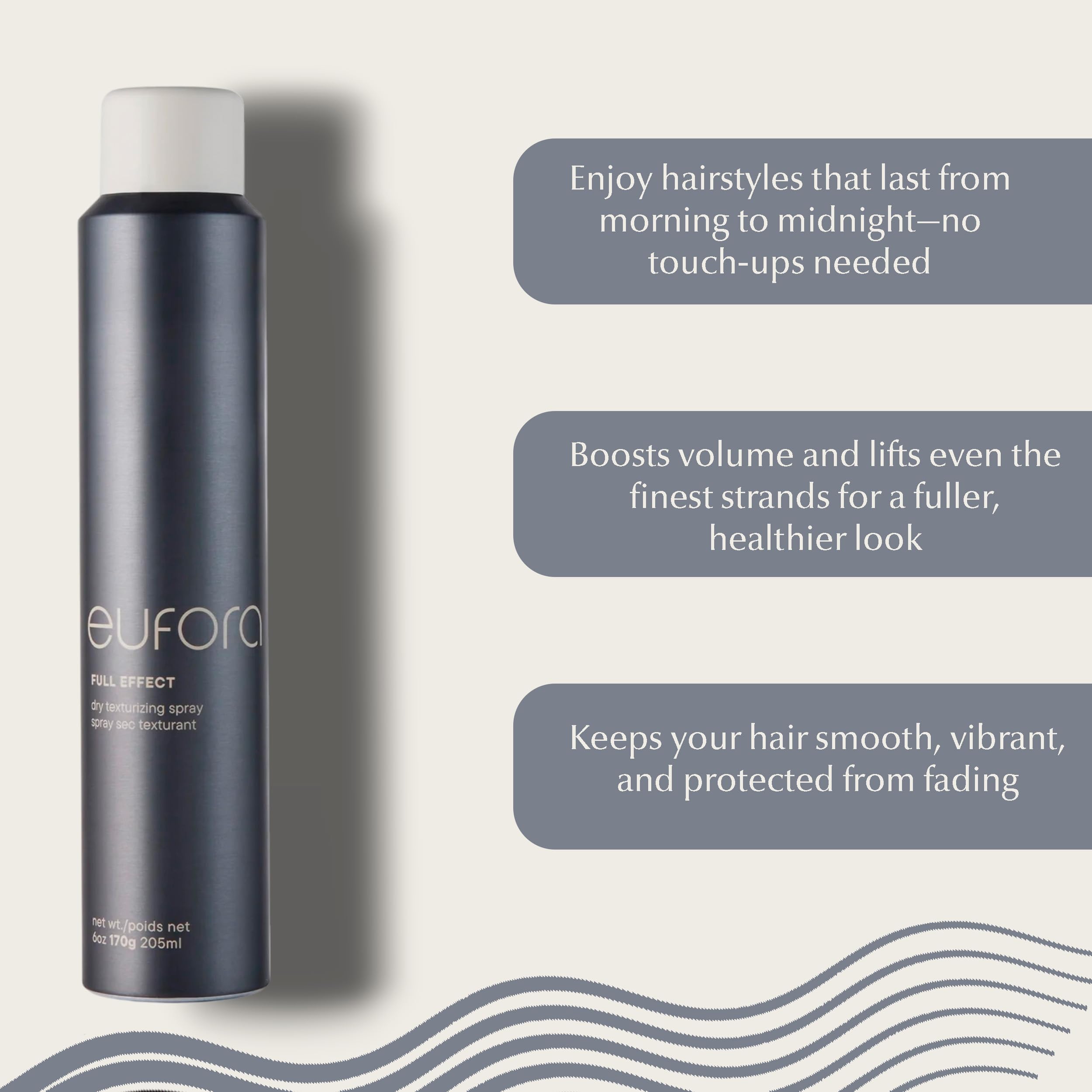 Eufora Full Effect nozzle demonstrates convenient, residue-free styling tool.