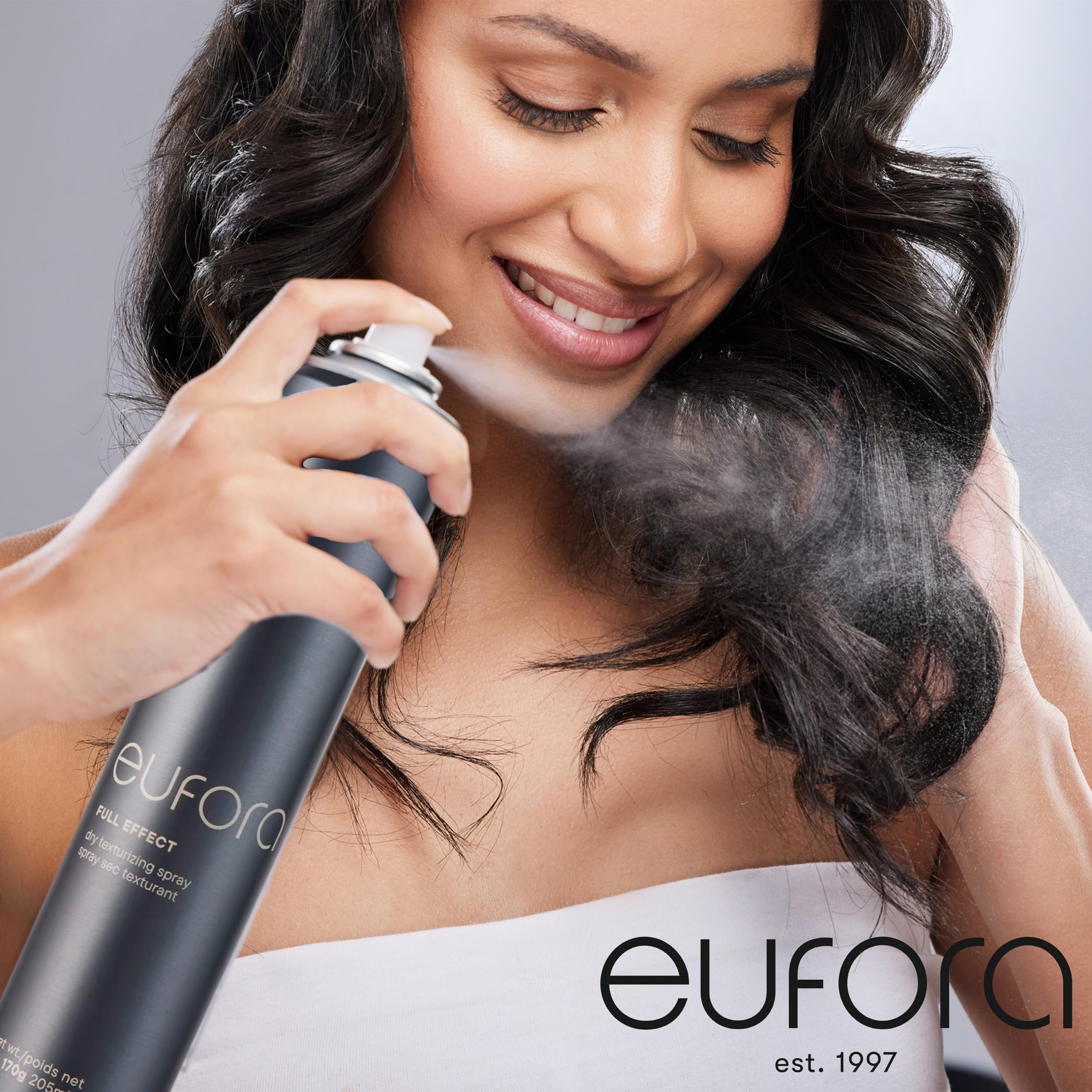 Eufora Full Effect mist distributes evenly, aiding anti-frizz and lift.