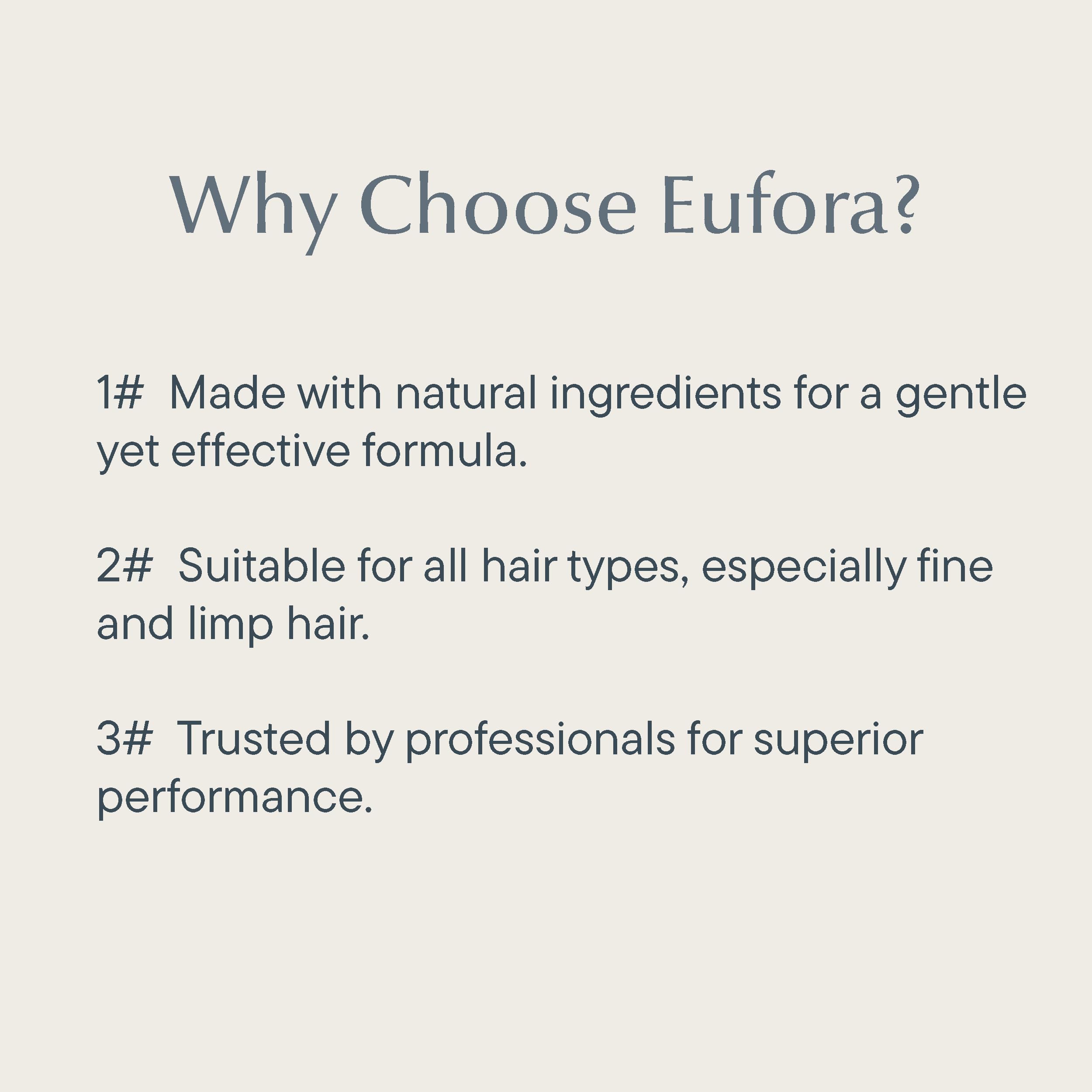 Eufora Full Effect spray applied for voluminous texture on fine hair.