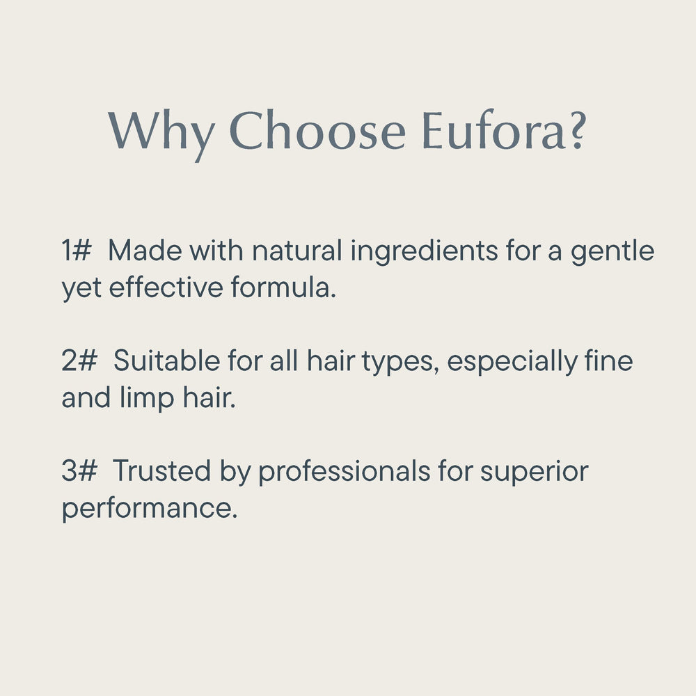 Eufora Full Effect spray applied for voluminous texture on fine hair.