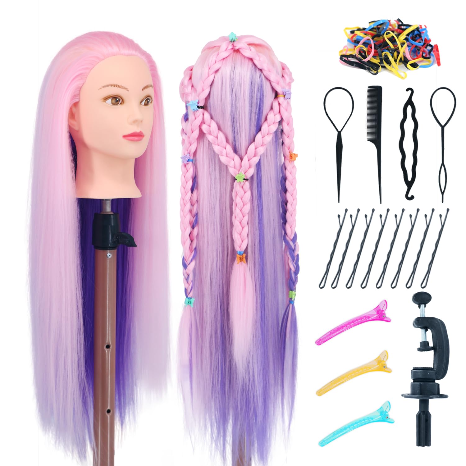 Eumos mannequin head with pink purple hair ideal for braiding and curling practice