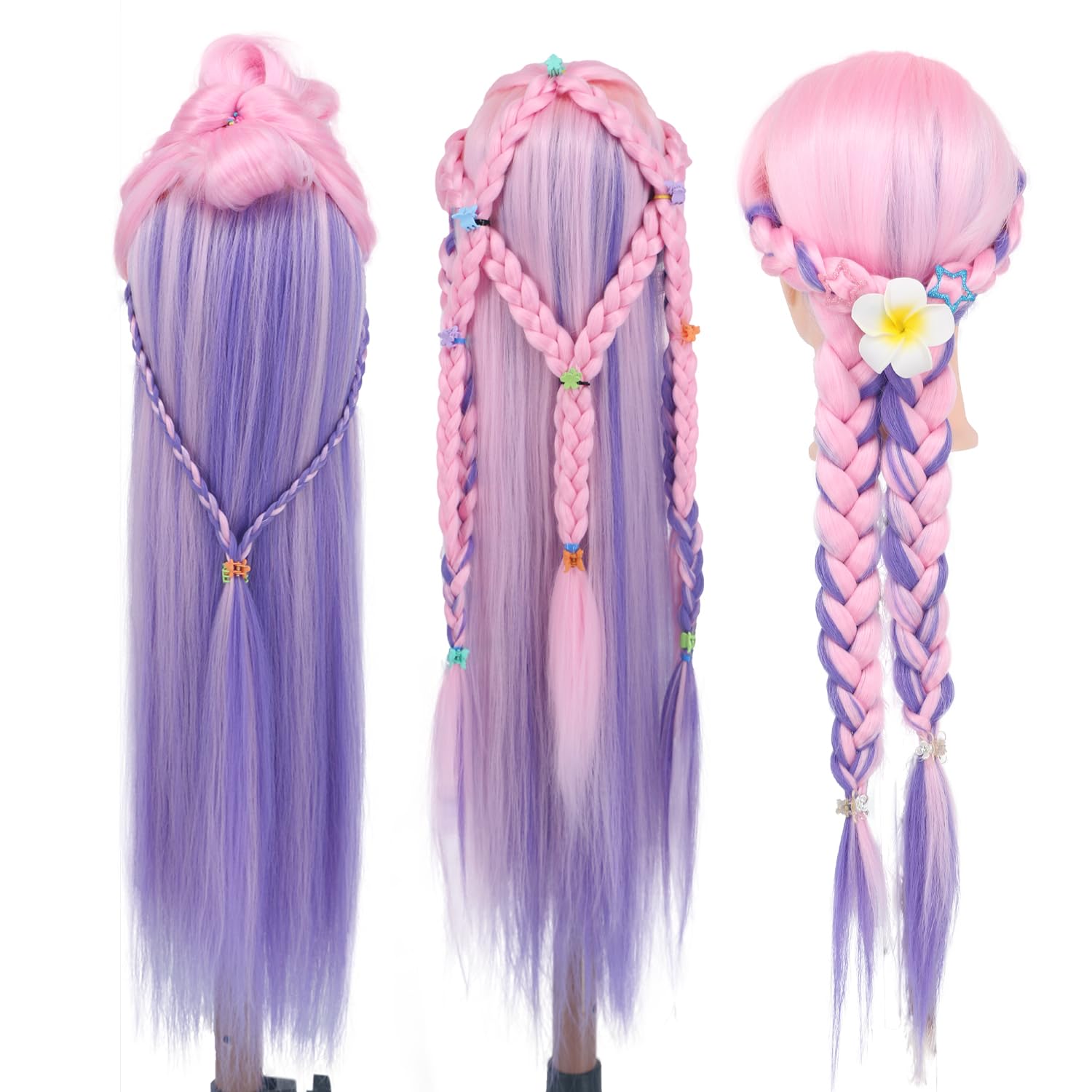 Eumos pink purple hair mannequin head used for straightening and cutting