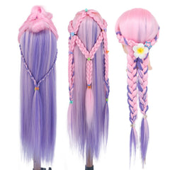 Eumos pink purple hair mannequin head used for straightening and cutting