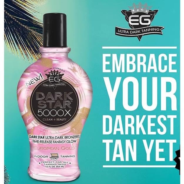 European Gold Dark Star 5000X, etiqueta vegana en envase, opción ética para bronceado.