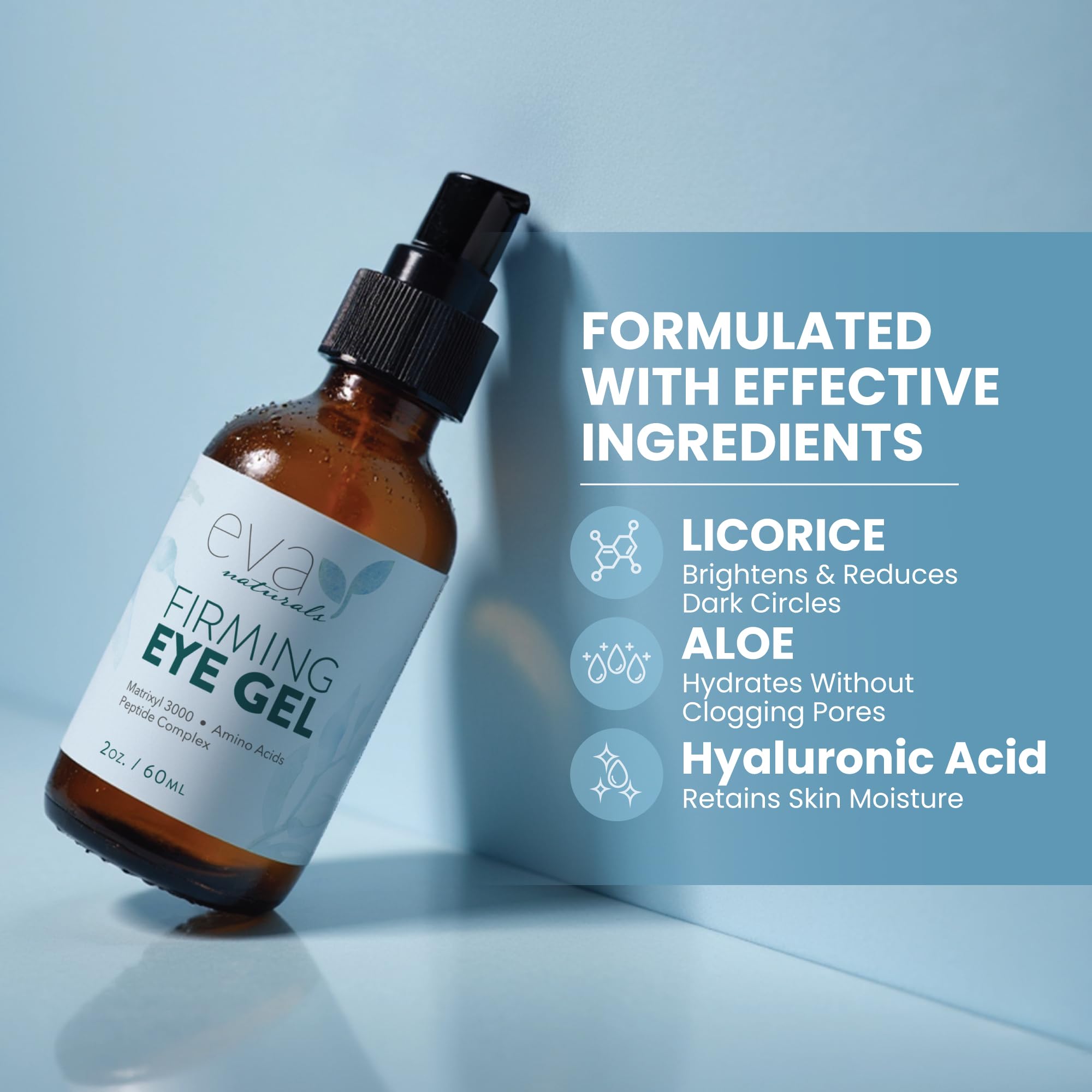 Eva Naturals Eye Gel, péptidos y colágeno, suavizan líneas finas alrededor de los ojos.