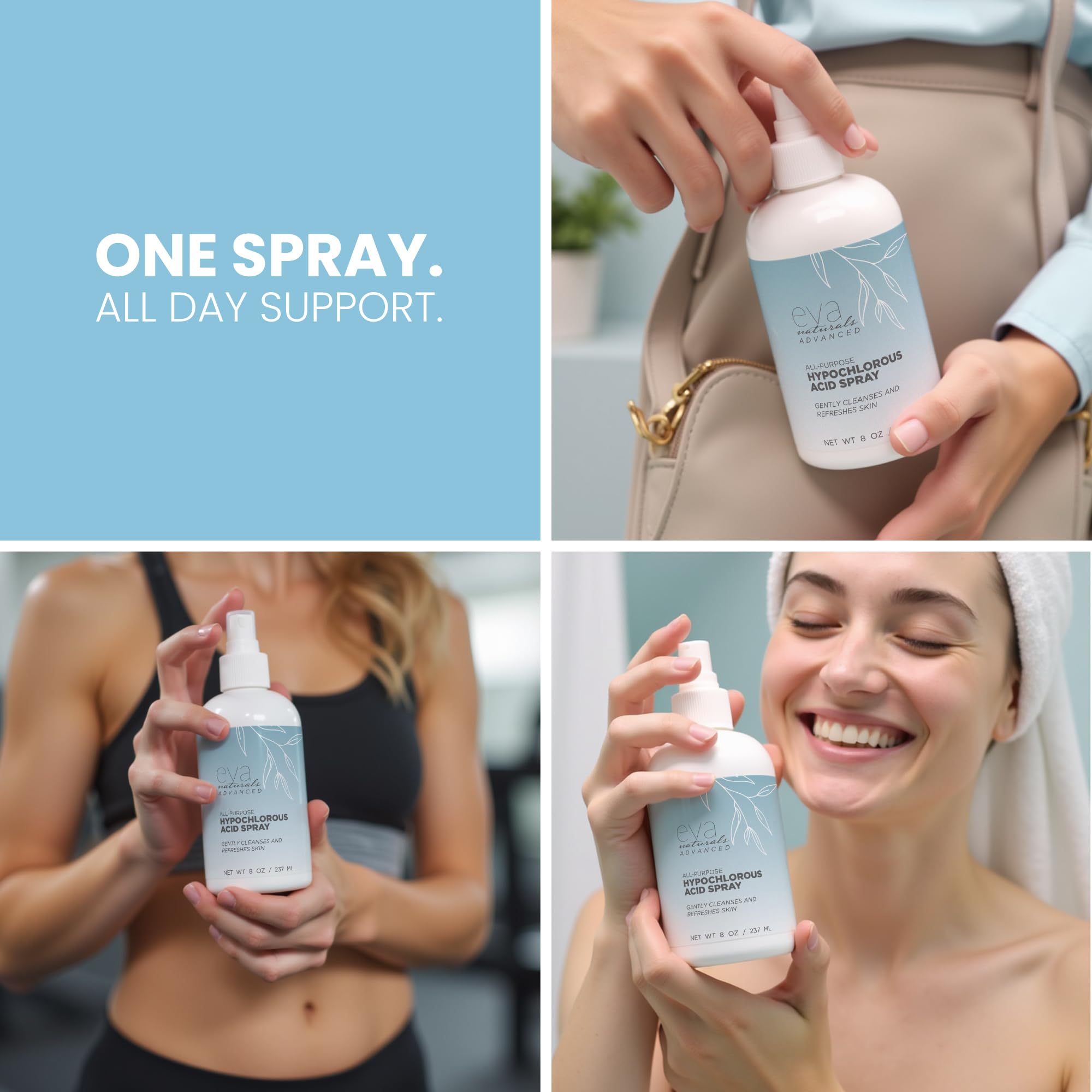 Frasco Eva Naturals hipocloroso siendo rociado: aplicación rápida