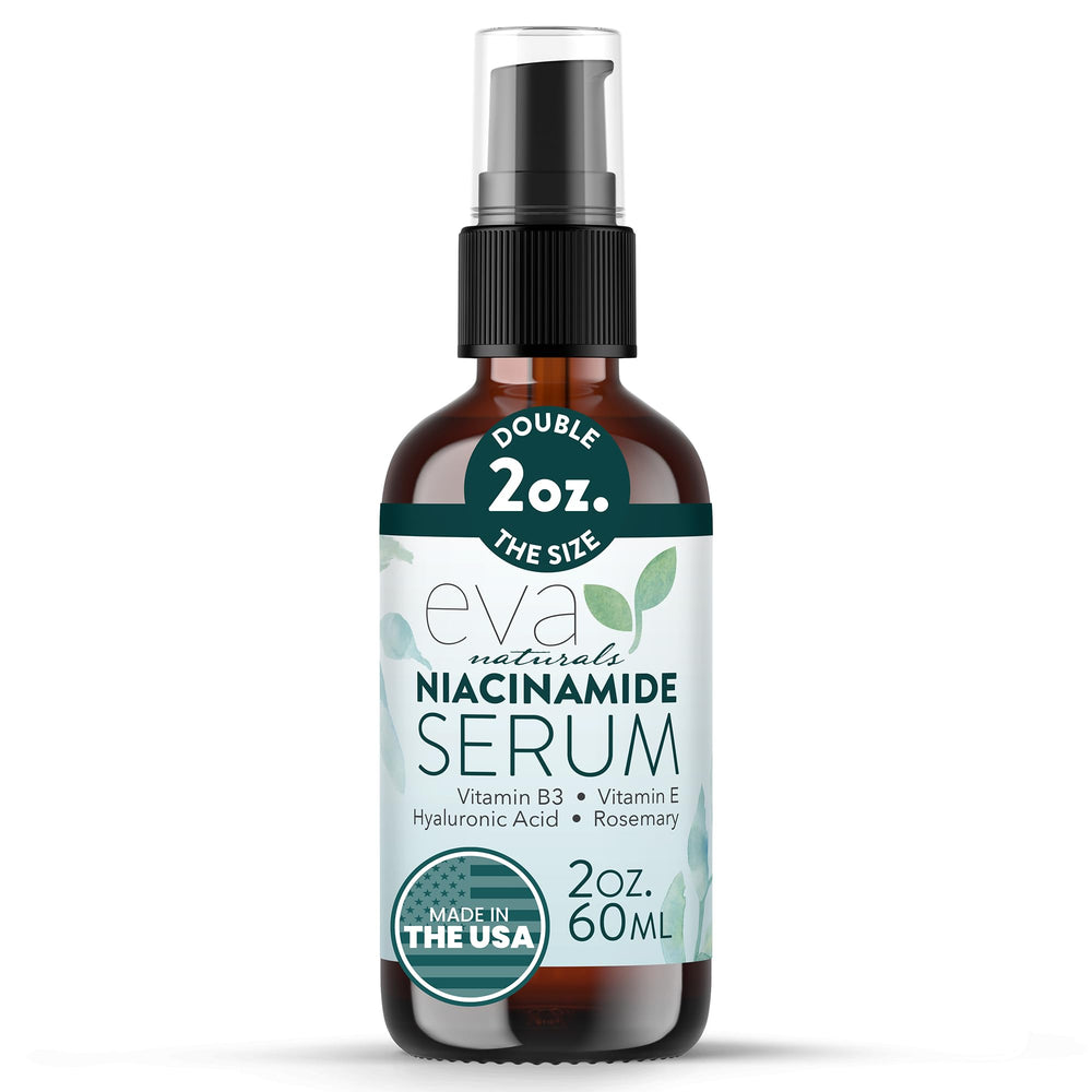 Eva Naturals Niacinamida 5% serum en bote con gotero minimiza poros y suaviza la piel.