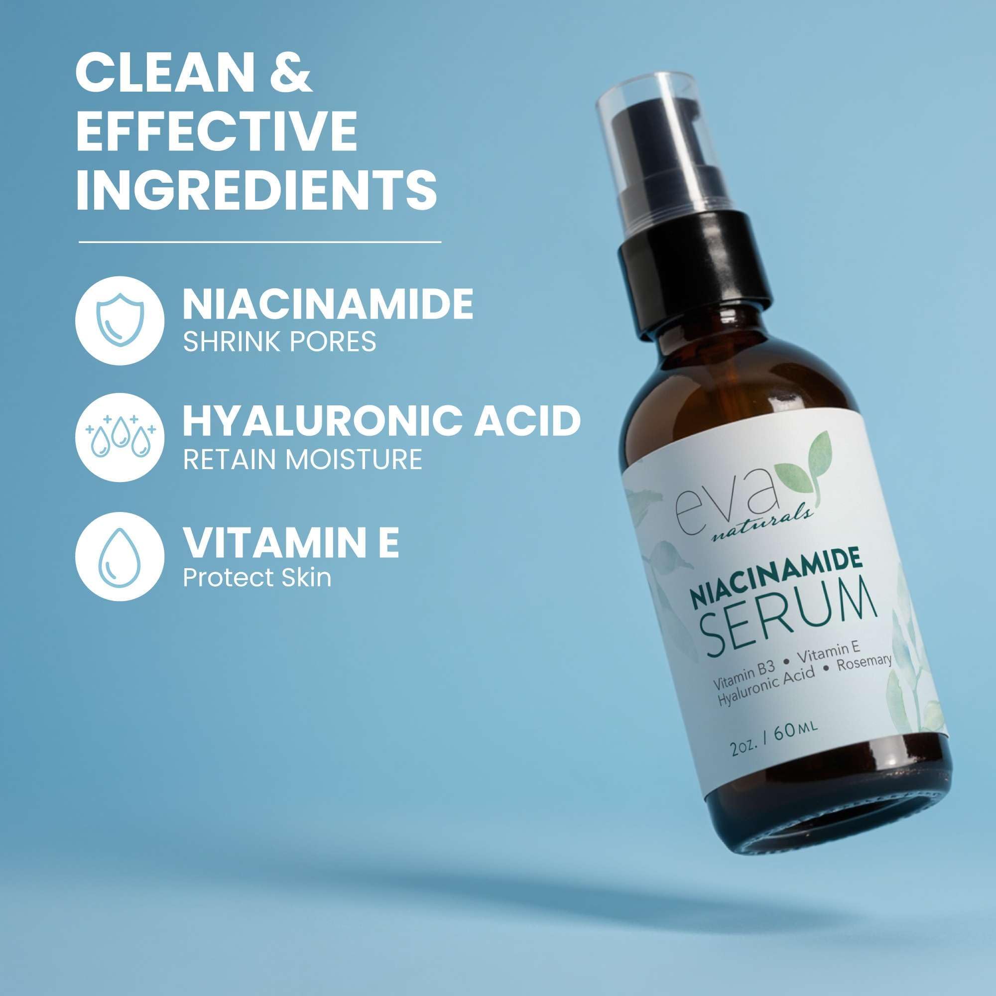 Eva Naturals Niacinamida 5% serum, empaque 2oz, compacto y fácil de almacenar.
