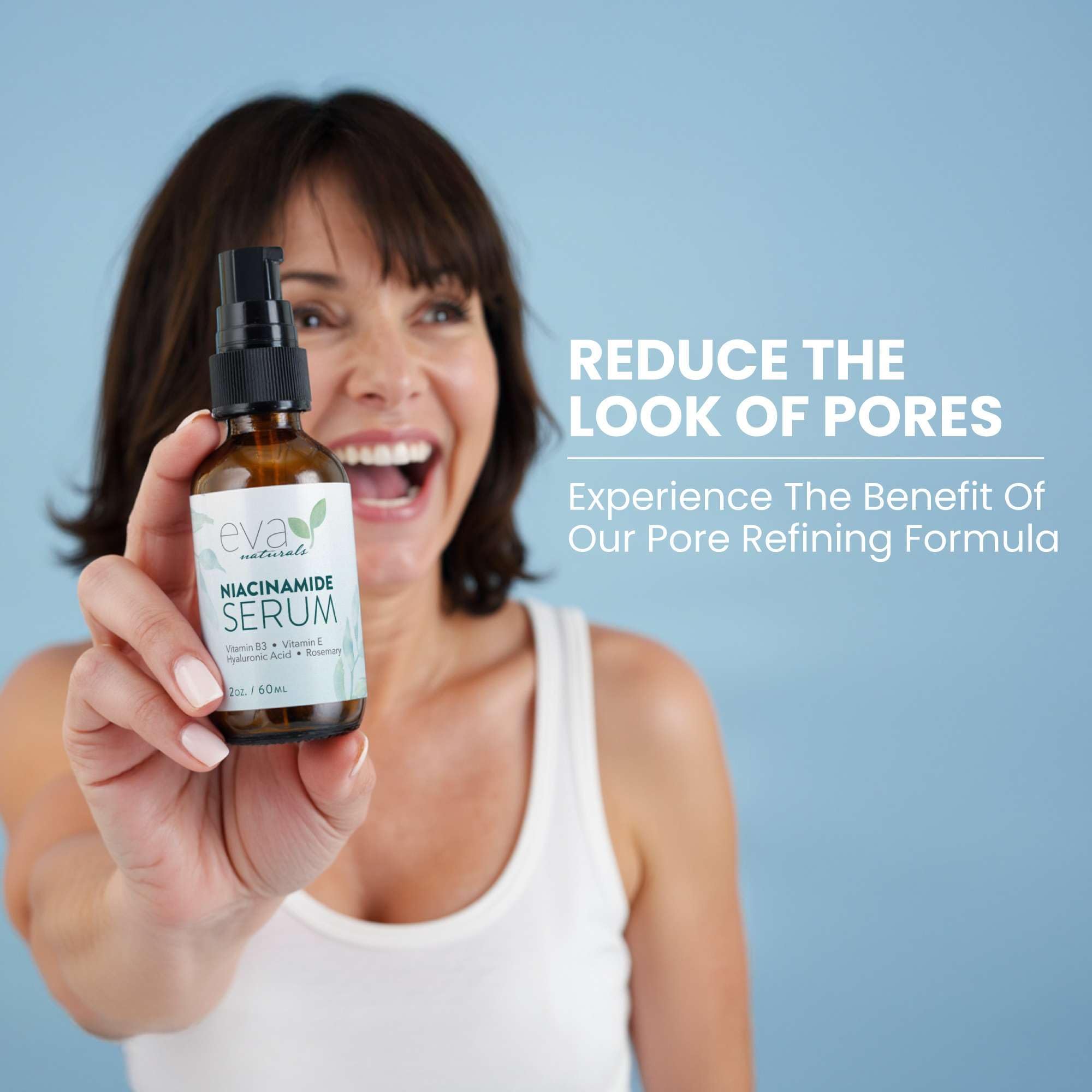 Eva Naturals Niacinamida 5% serum, uso diario sin grasa y rápida absorción.