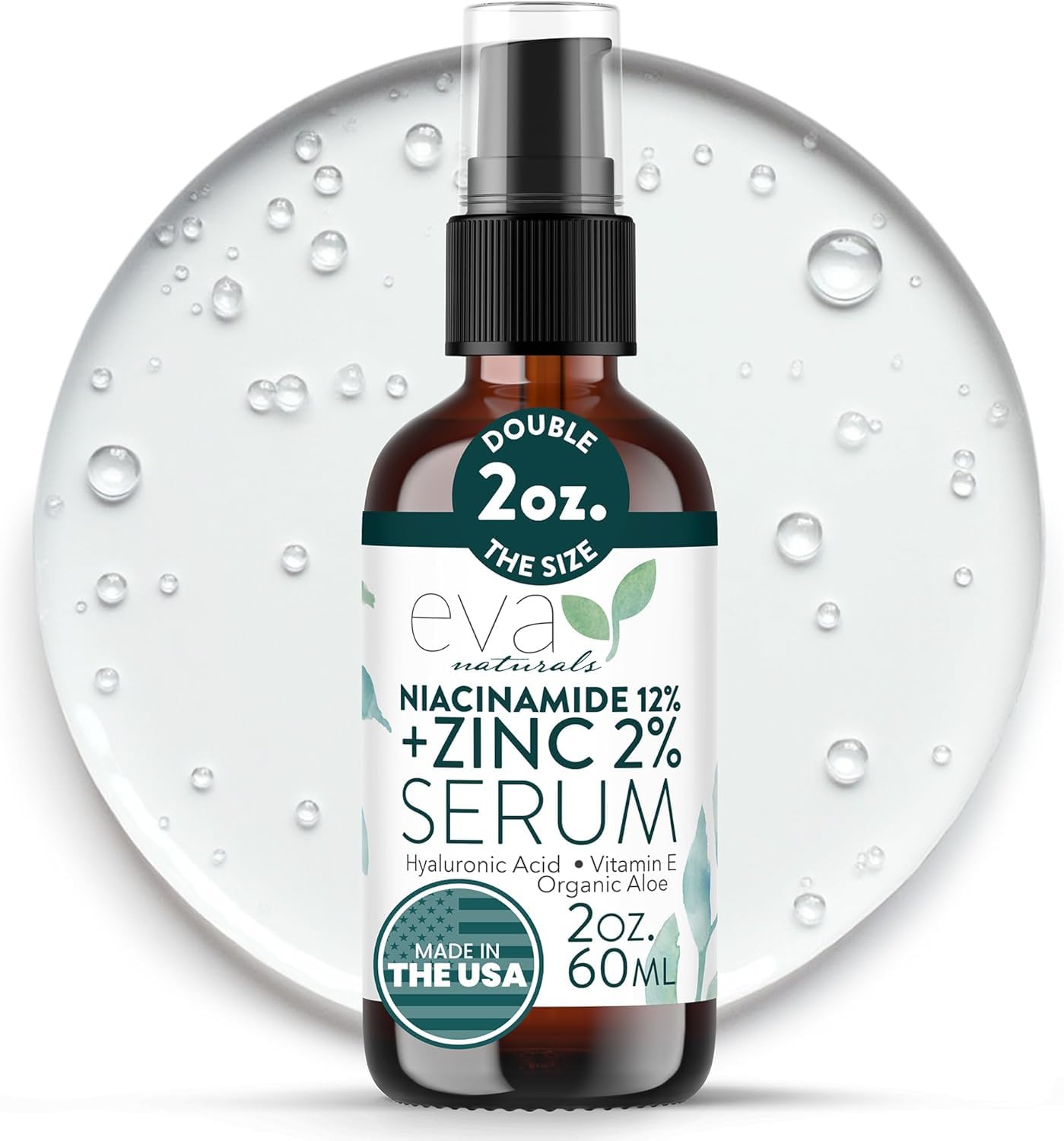 Eva Naturals Niacinamide Serum, botella con gota para aplicar con precisión y reducir poros visibles.