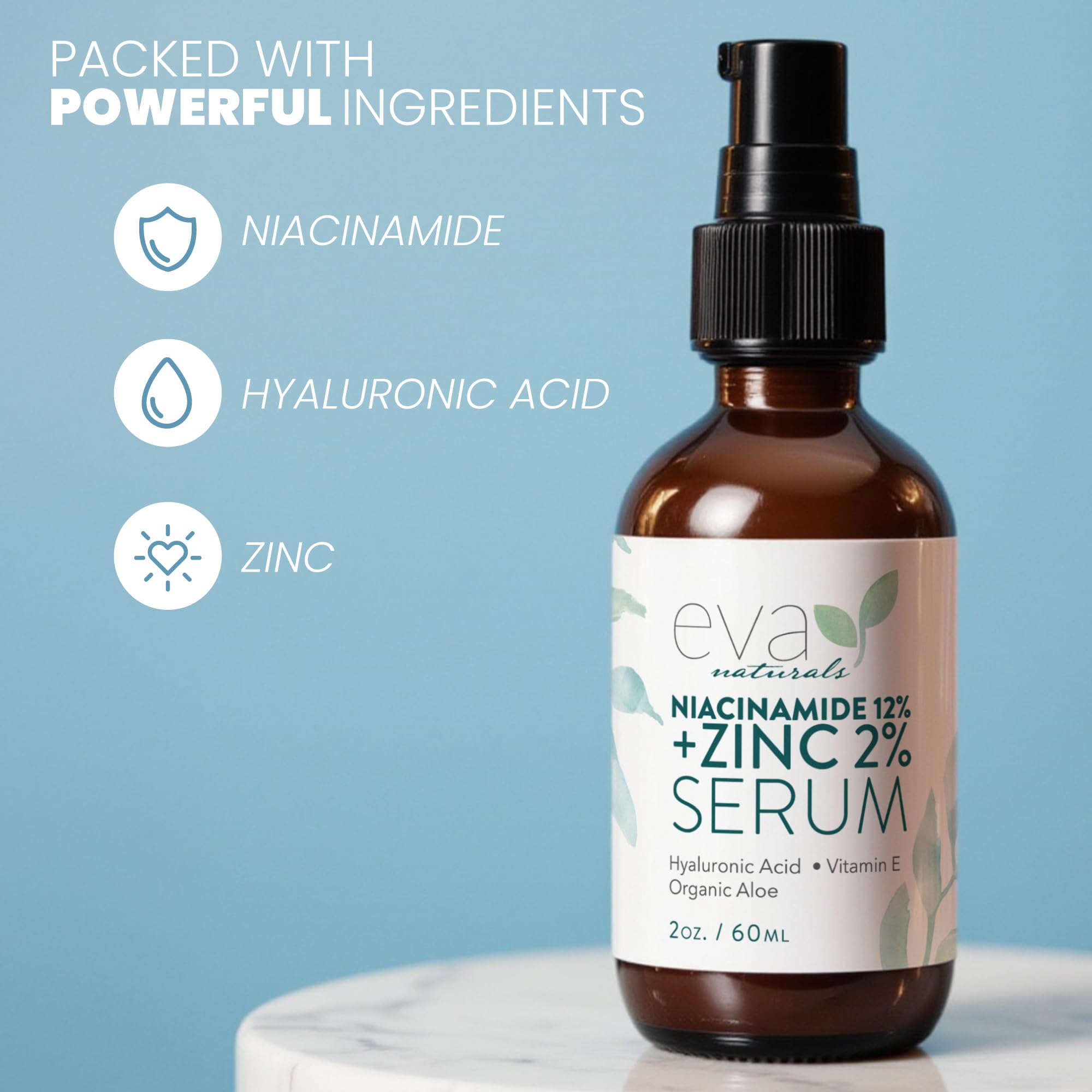 Eva Naturals Niacinamide Serum, apto para piel sensible mejora textura sin irritación.