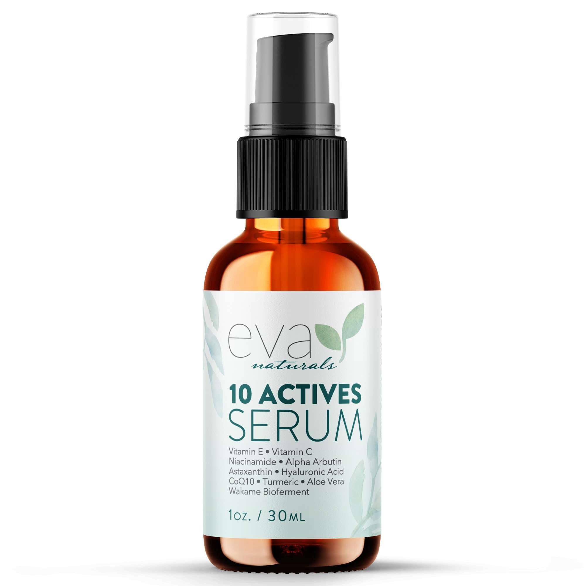 Eva Naturals 10 Activos Serum, botella con gotero para aplicación precisa y resultados visibles.