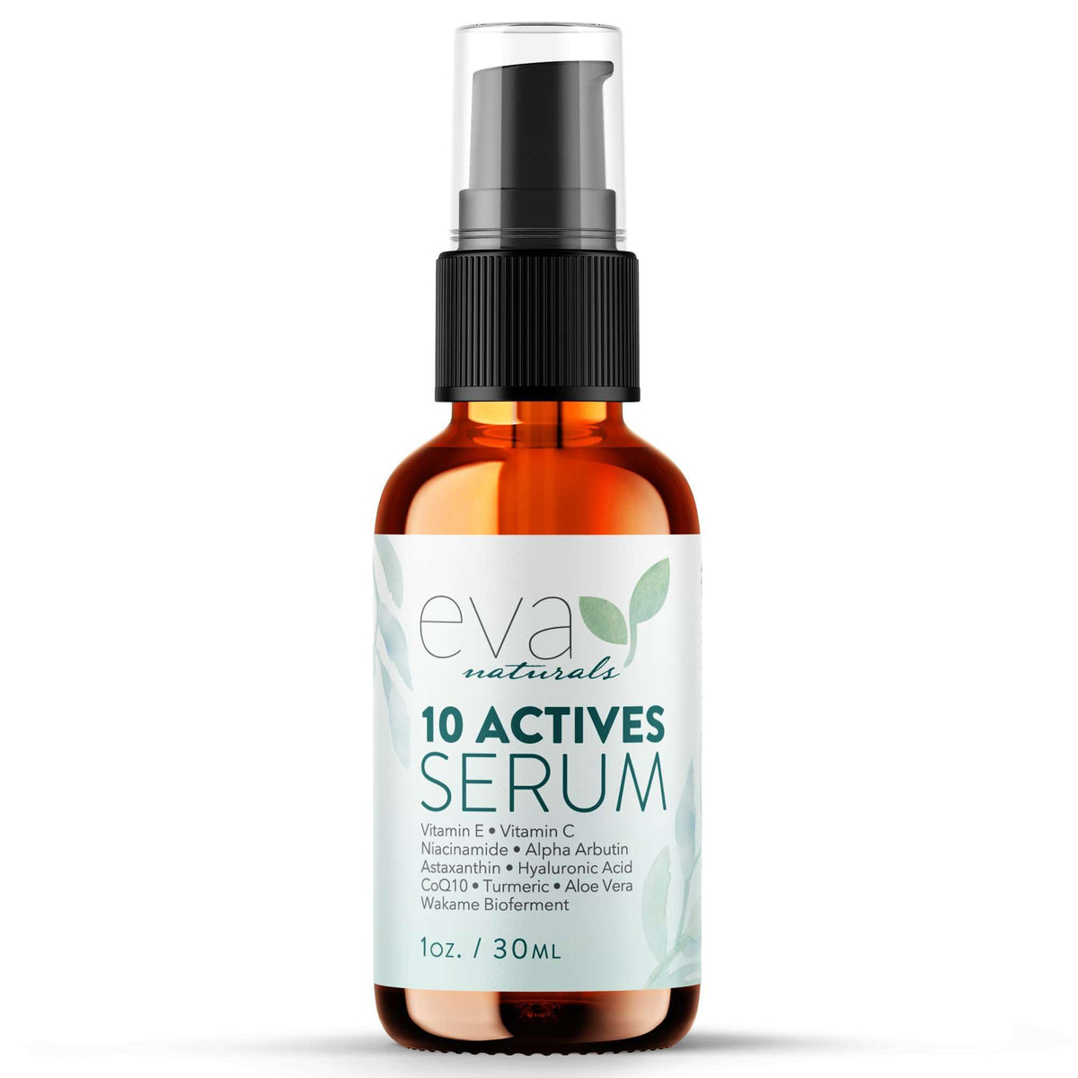 Eva Naturals 10 Activos Serum, botella con gotero para aplicación precisa y resultados visibles.