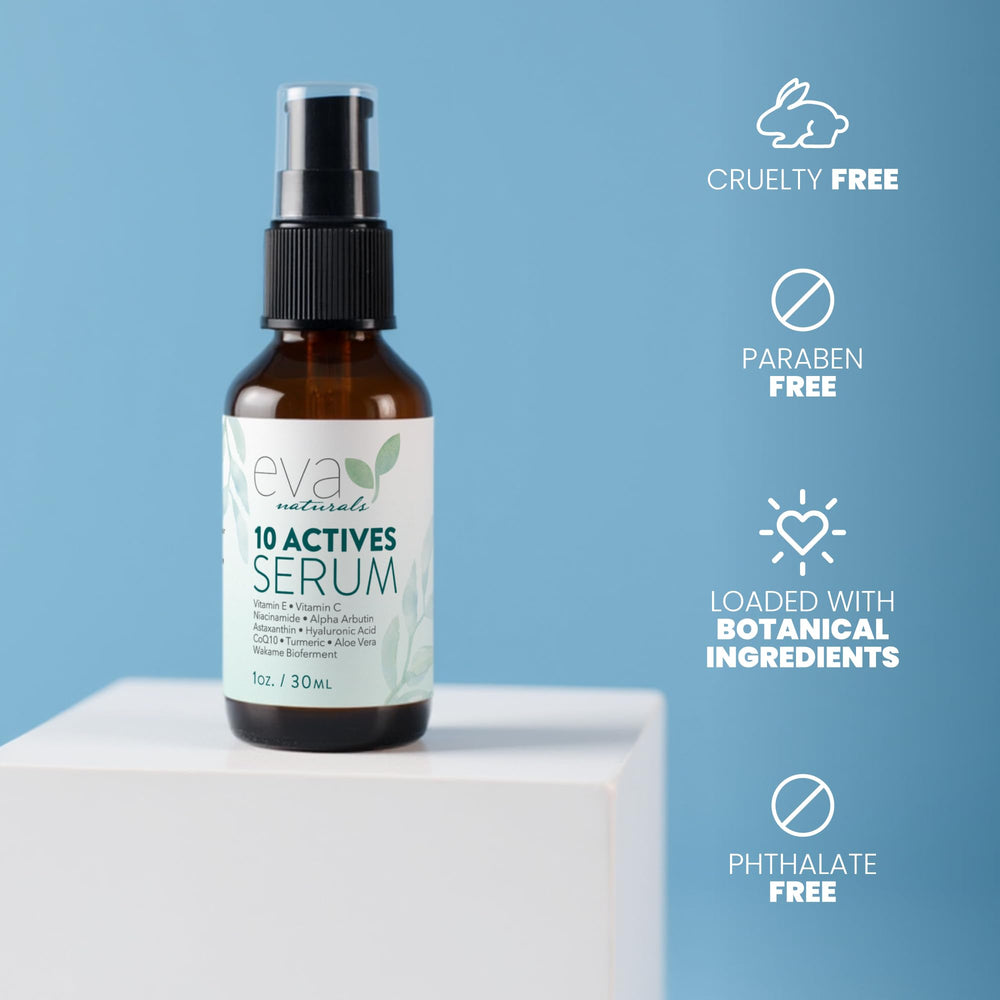 Uso diario con Eva Naturals 10 Activos Serum para tono uniforme y piel suave.