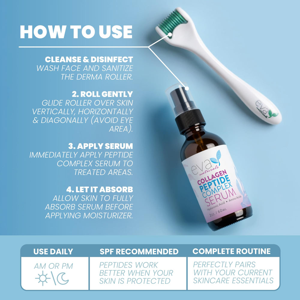 Eva Naturals peptide serum drops ready to absorb into skin.