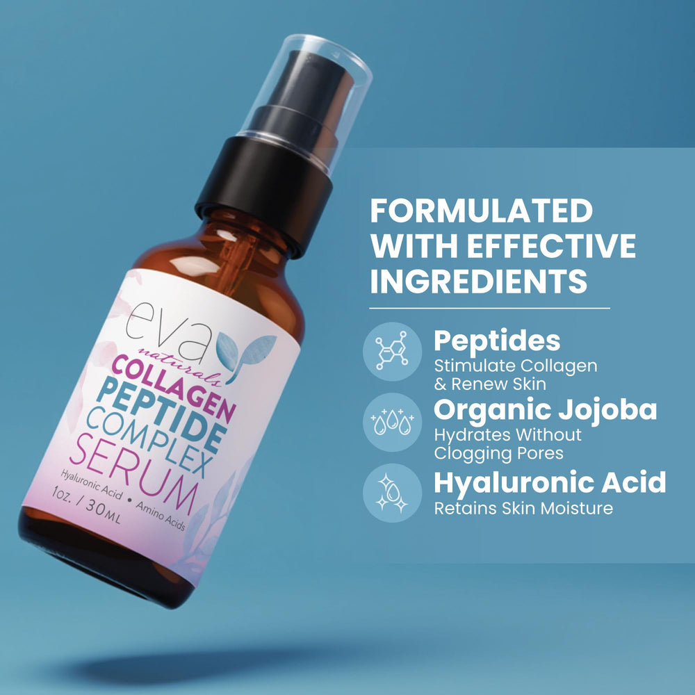 Péptidos de colágeno fortalecen la piel con Eva Naturals Suero Multi Péptidos.