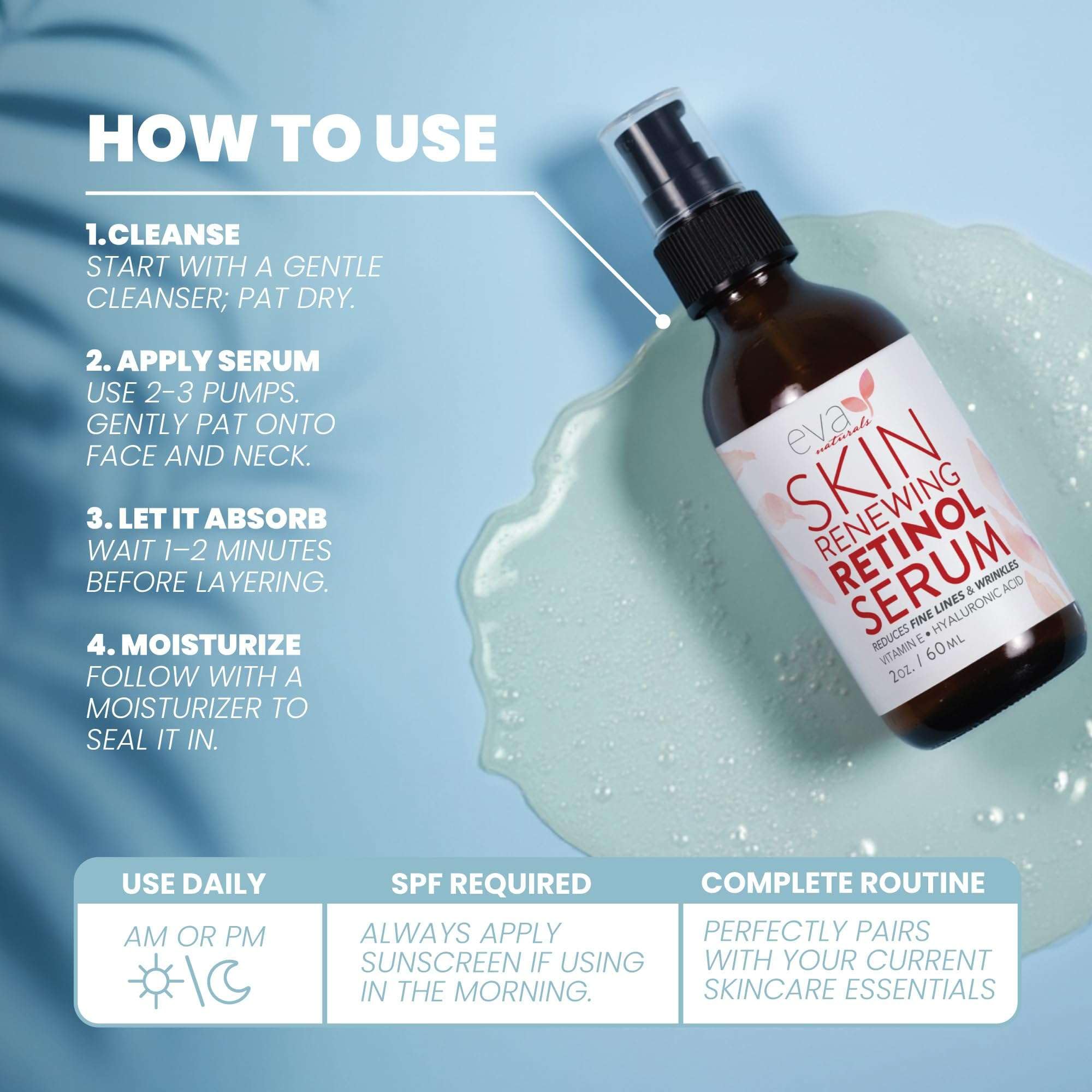 Aplicación nocturna de Eva Naturals Sérum Retinol para un rostro suave.