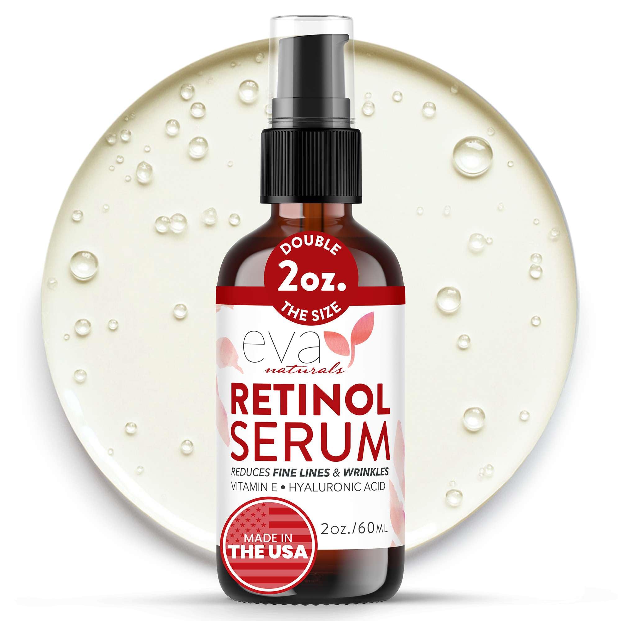 Sérum Eva Naturals con retinol e hialurónico en botella 2oz para suavizar la piel.