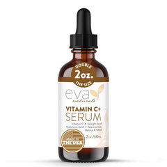 Eva Naturals Vitamin C Serum Plus bottle on vanity, ready for daily hydration.