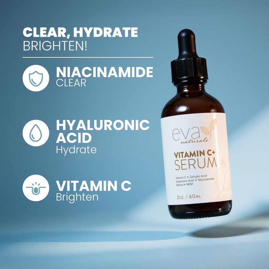 Dropper of Eva Naturals Vitamin C Serum Plus delivering lightweight hydration.