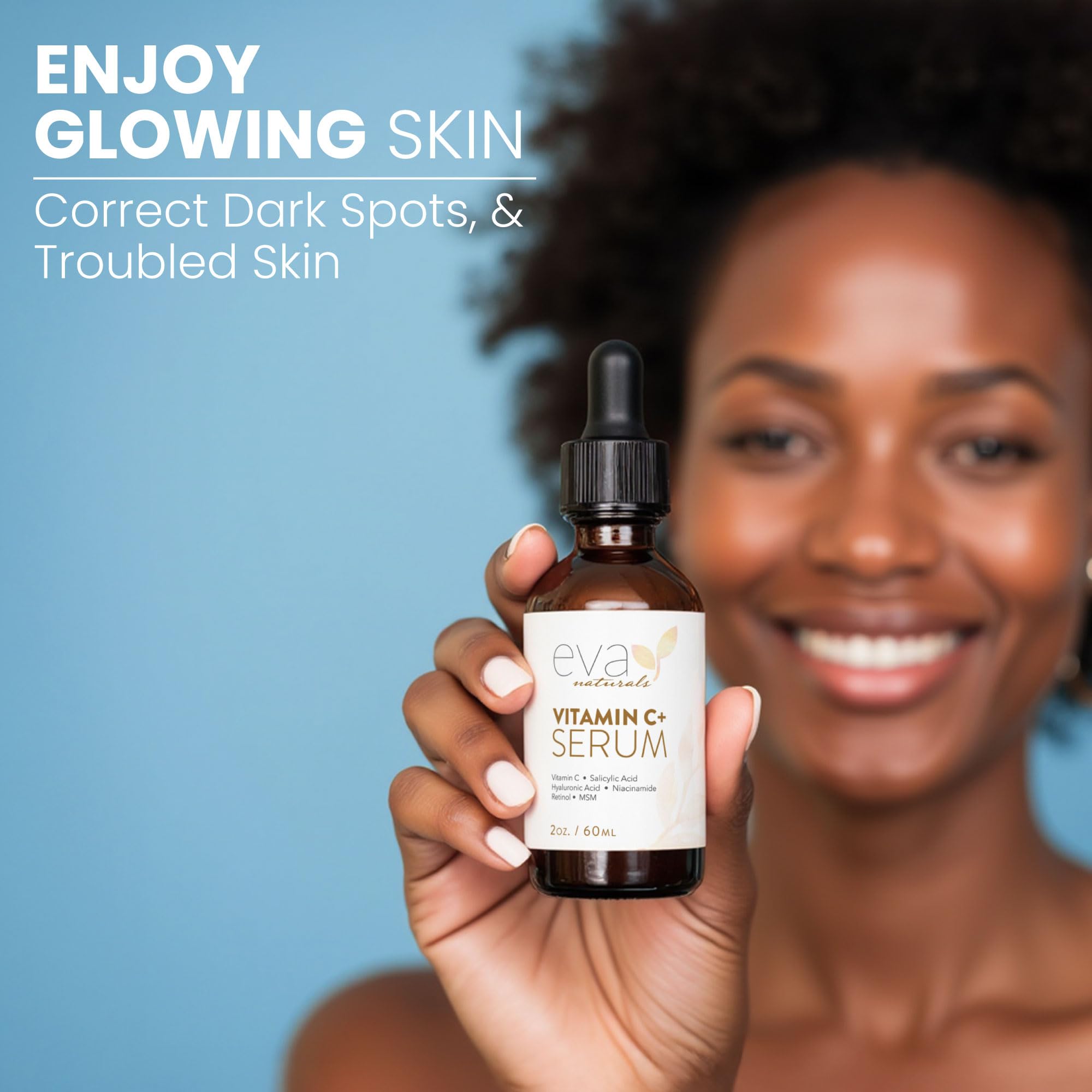 Eva Naturals Vitamin C Serum Plus hyaluronic acid graphic emphasizes deep hydration.