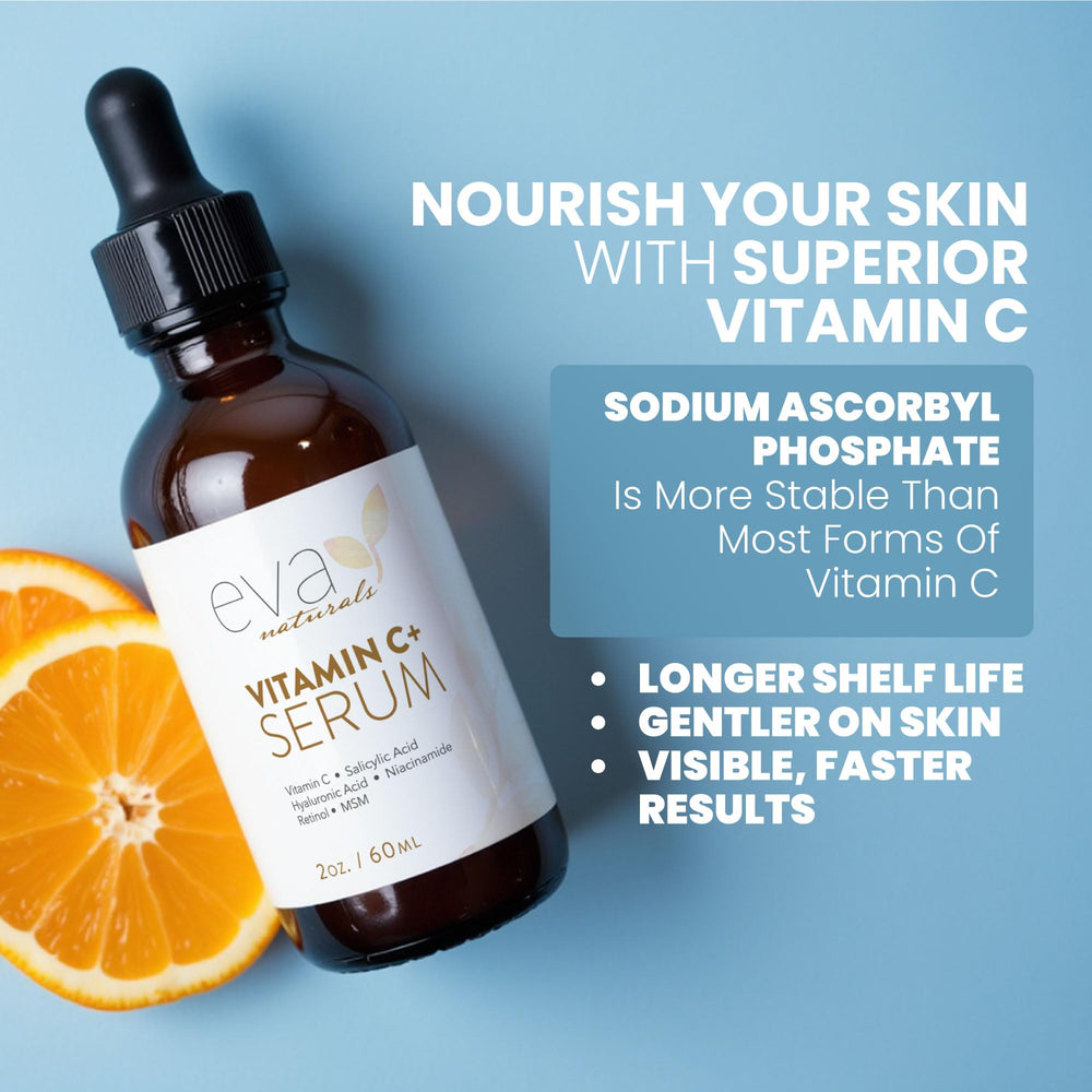 Vanity scene featuring Eva Naturals Vitamin C Serum Plus evokes refreshed morning ritual.