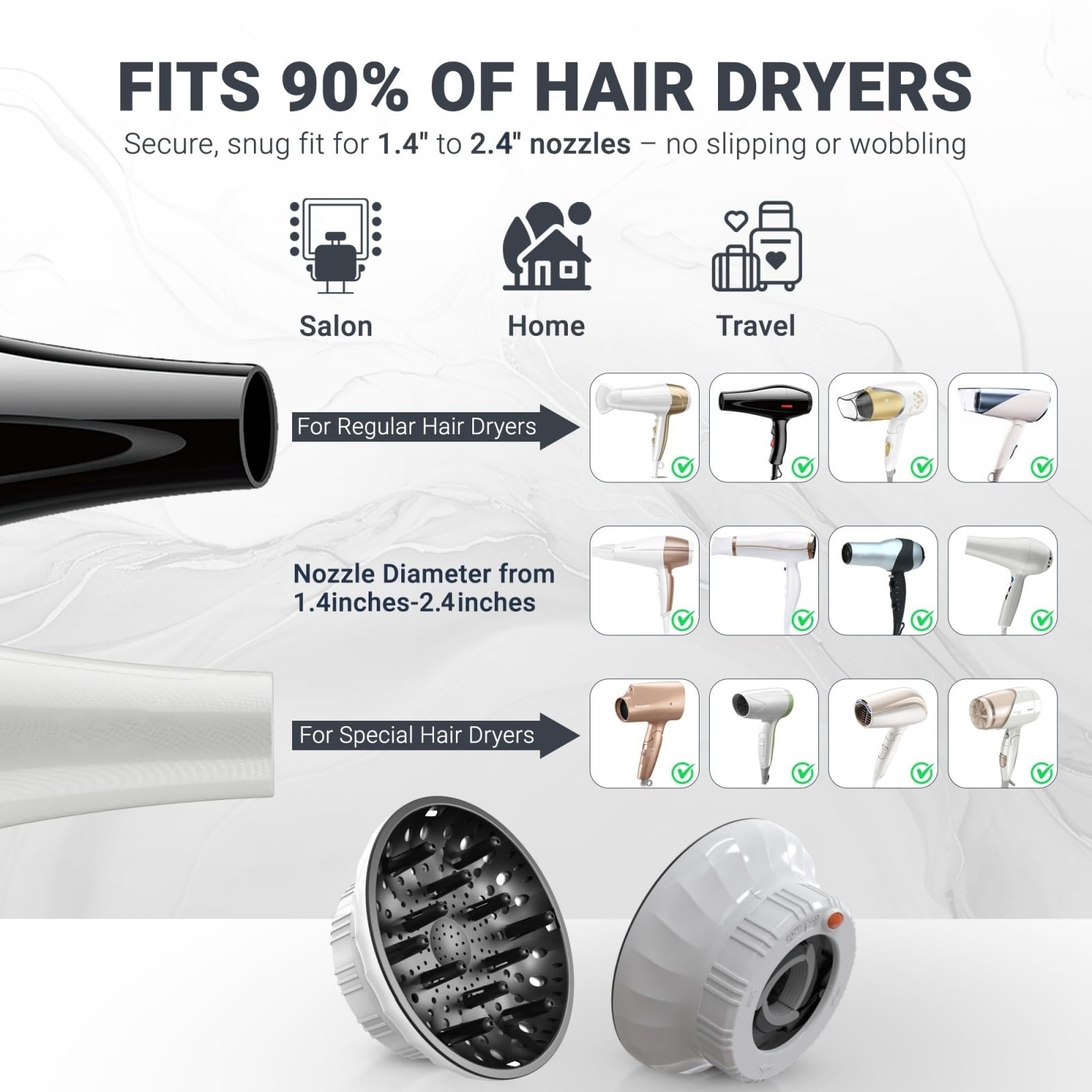 Evalunira diffuser supports long thick hair with gentle airflow and volume.