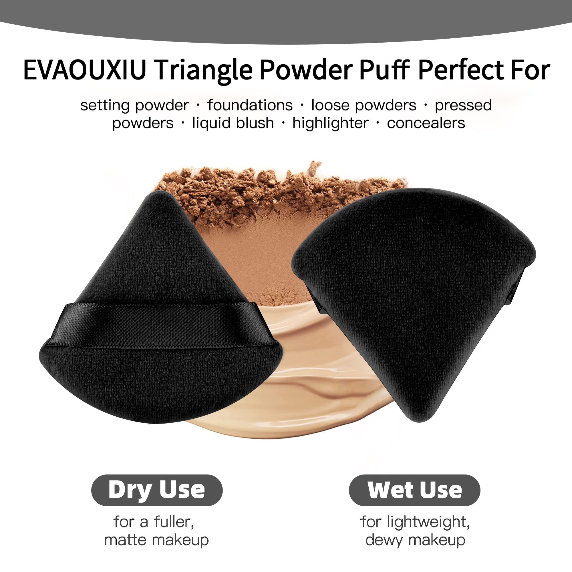 Evaouxiu puff for dry powders delivering even texture on skin.