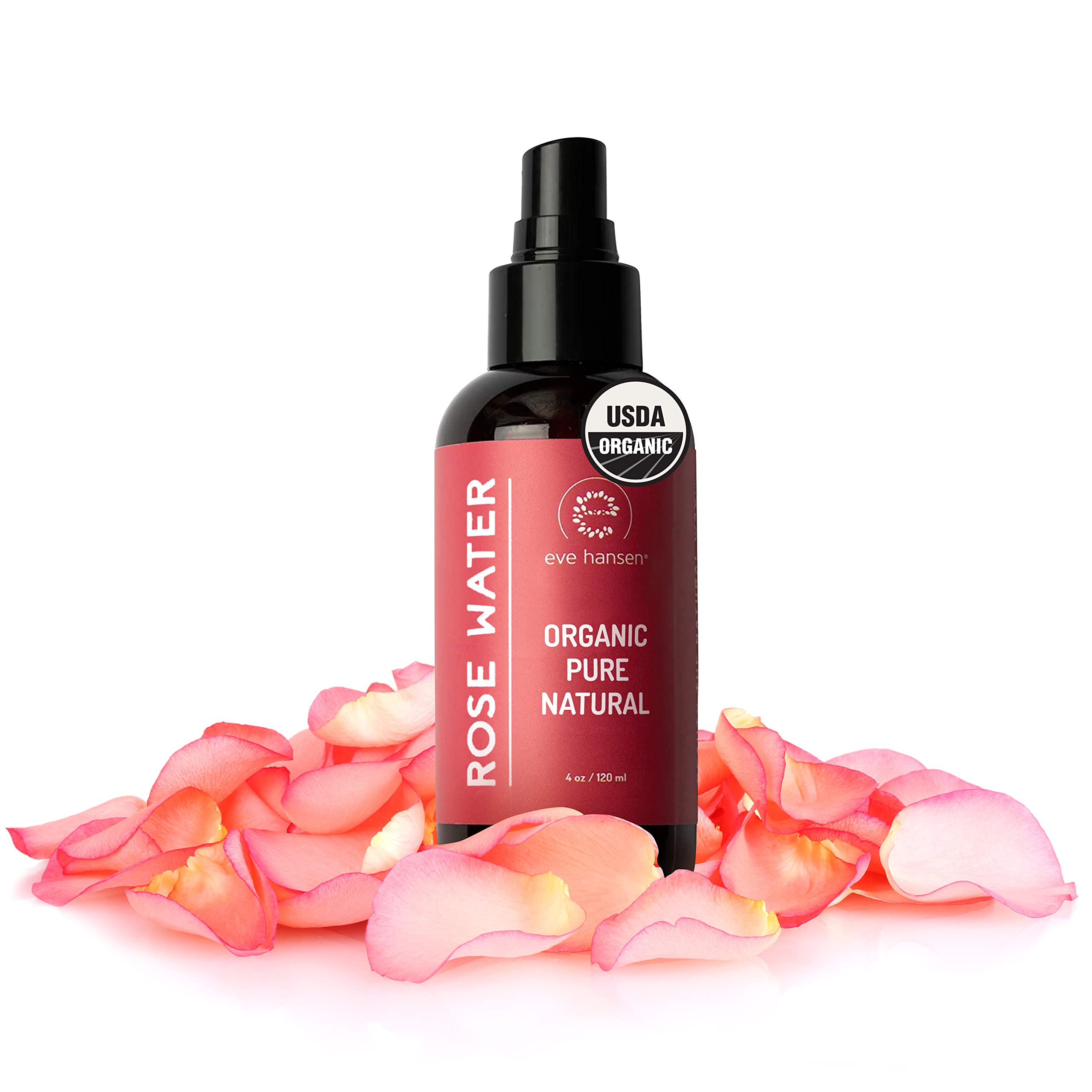 Eve Hansen agua de rosas en atomizador para rostro y cabello, hidratante ligero y refrescante.