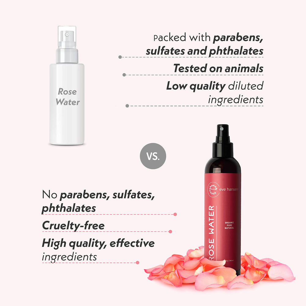 Eve Hansen agua de rosas para el cabello, hidrata el cuero cabelludo.