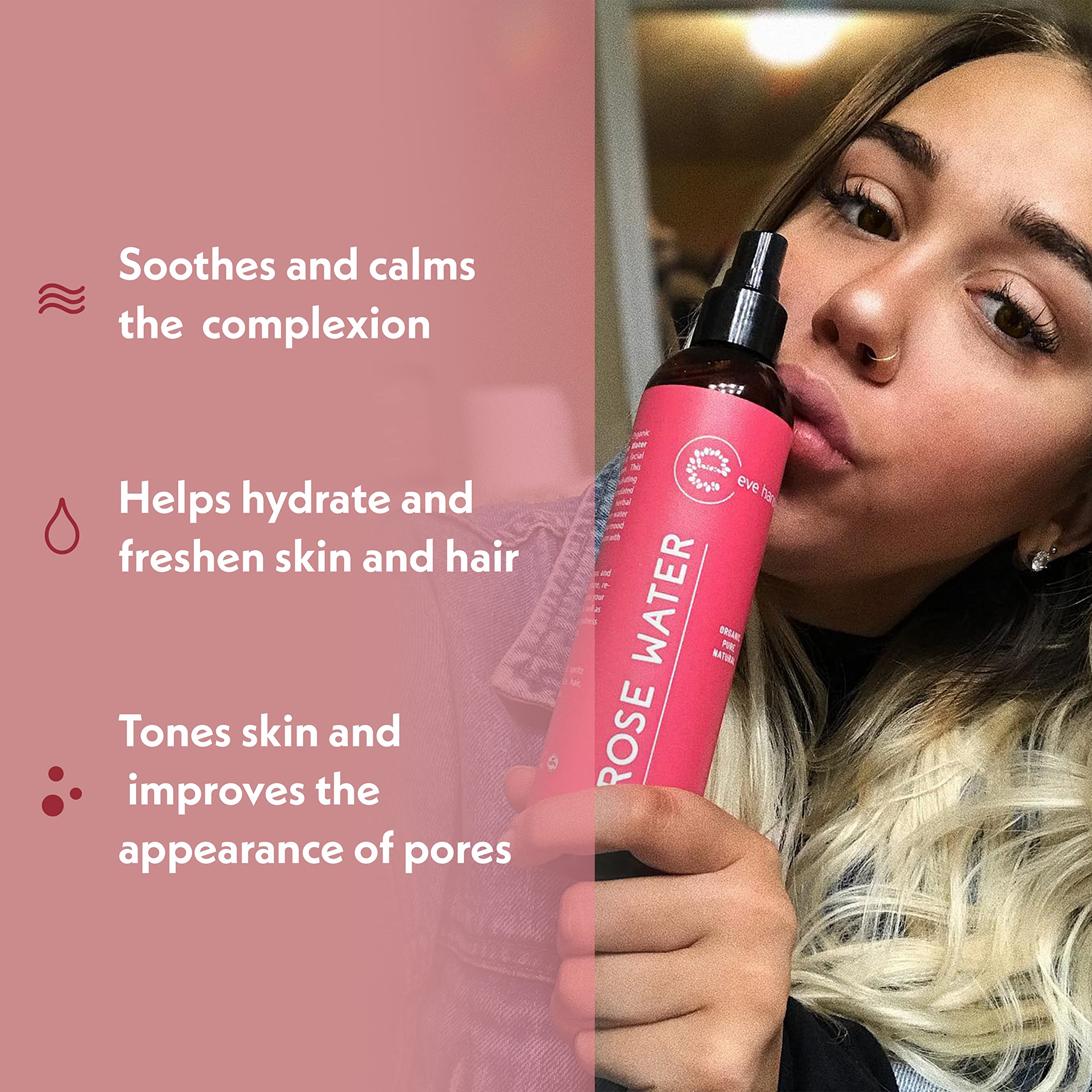 Eve Hansen bruma facial de agua de rosas para revitalizar la piel.