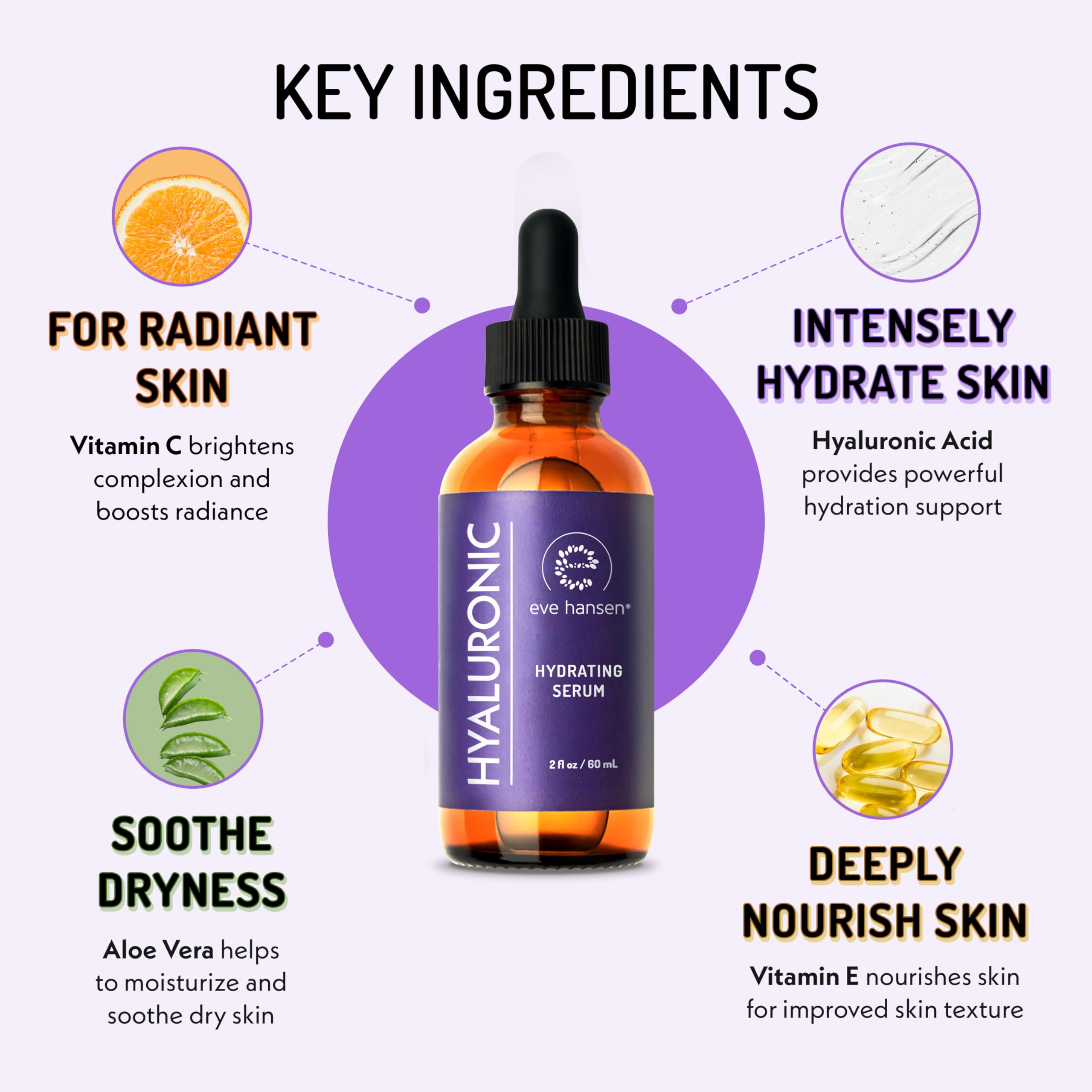 Eve Hansen Hyaluronic Acid Serum ingredient panel highlights vitamins C and E.