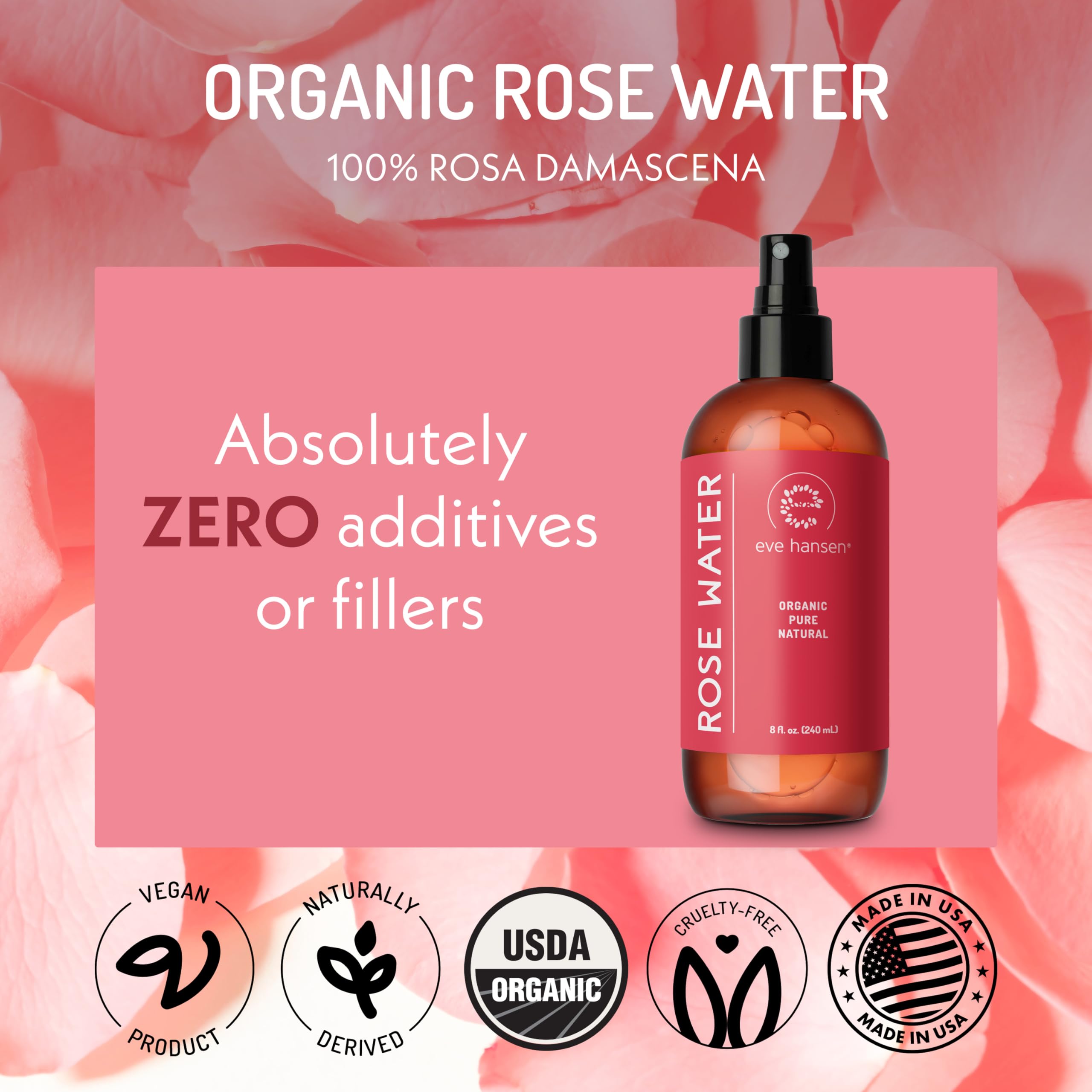 Eve Hansen Rose Water Spray bottle pouring mist onto skin to prep or refresh.