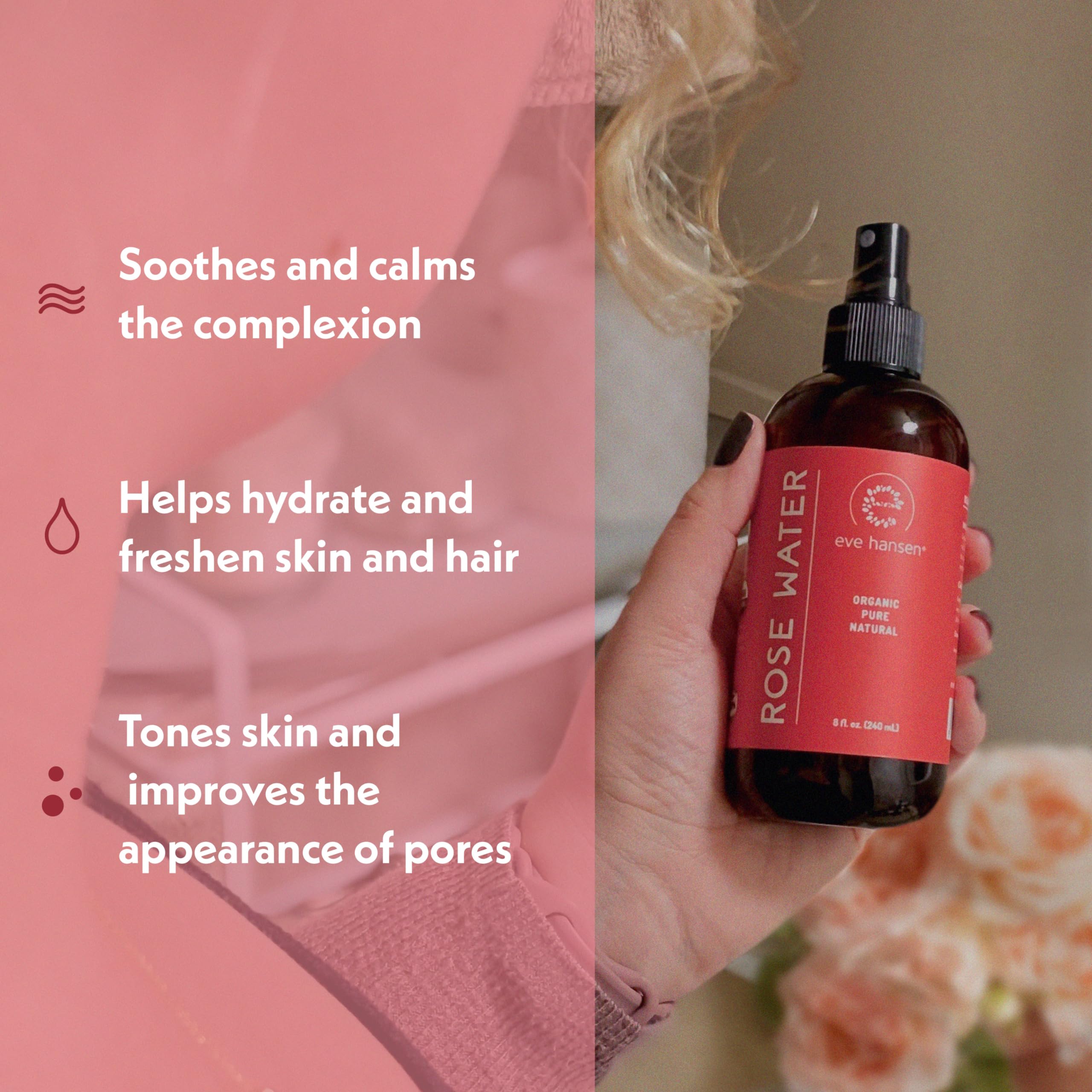 Eve Hansen Rose Water Spray mist on face delivers hydration and a gentle makeup finish.