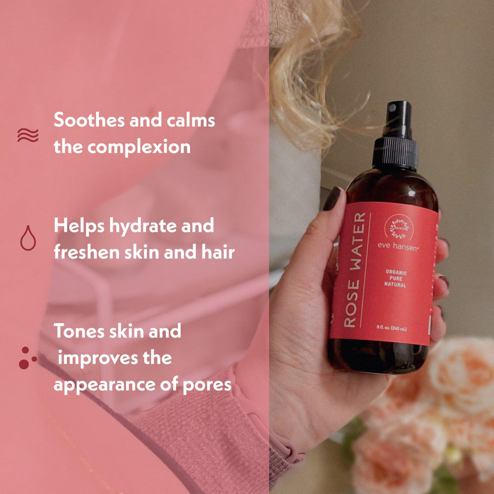 Eve Hansen Rose Water Spray mist on face delivers hydration and a gentle makeup finish.