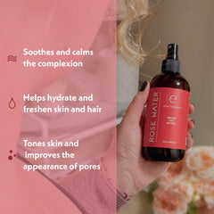 Eve Hansen Rose Water Spray mist on face delivers hydration and a gentle makeup finish.